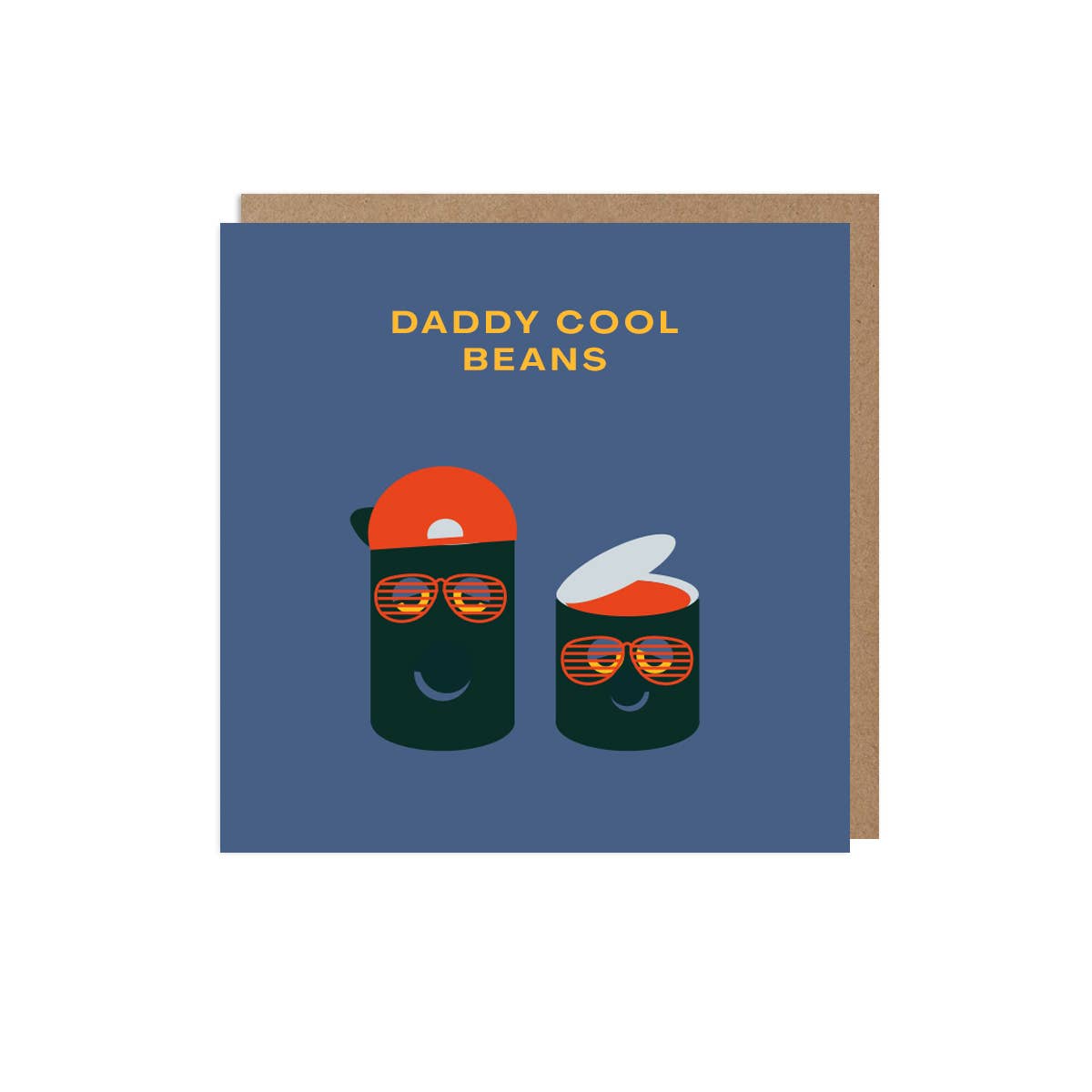 Greeting card with two cartoon characters wearing sunglasses and a cap, and text 'Daddy Cool Beans' on a blue background.