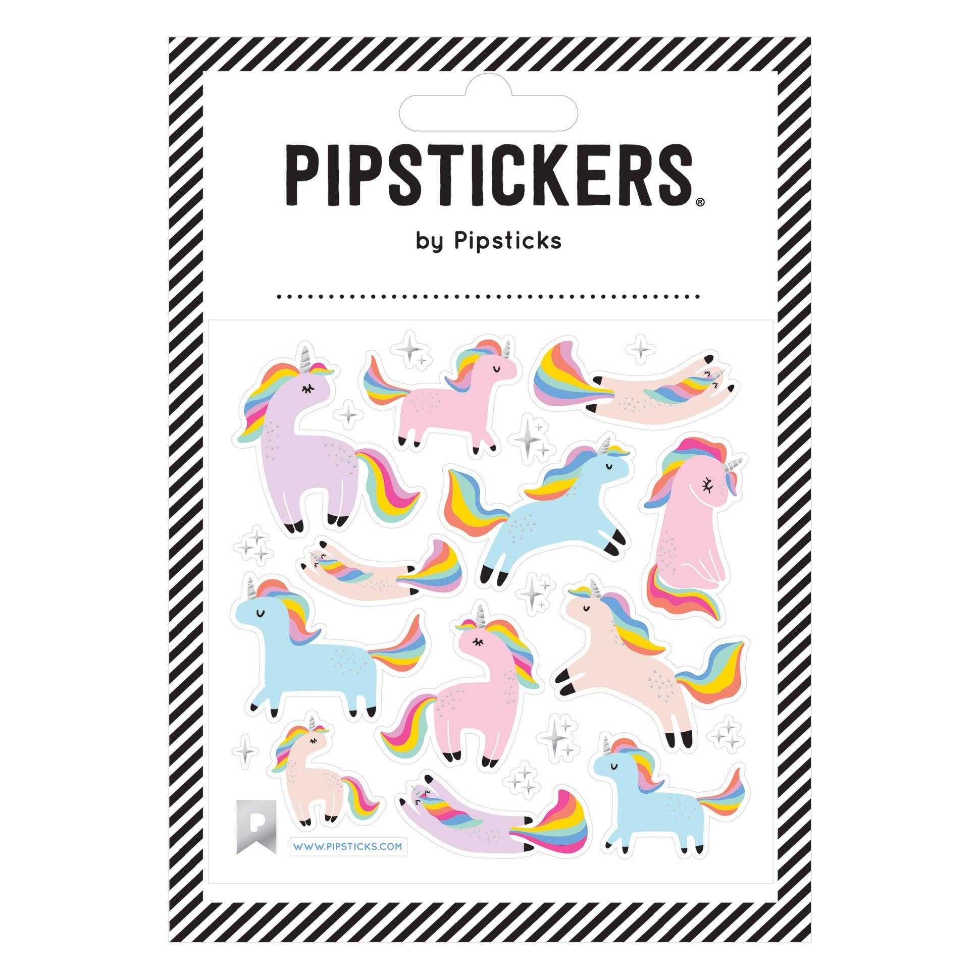 Packaging of Pipstickers with colorful unicorn illustrations on a white background