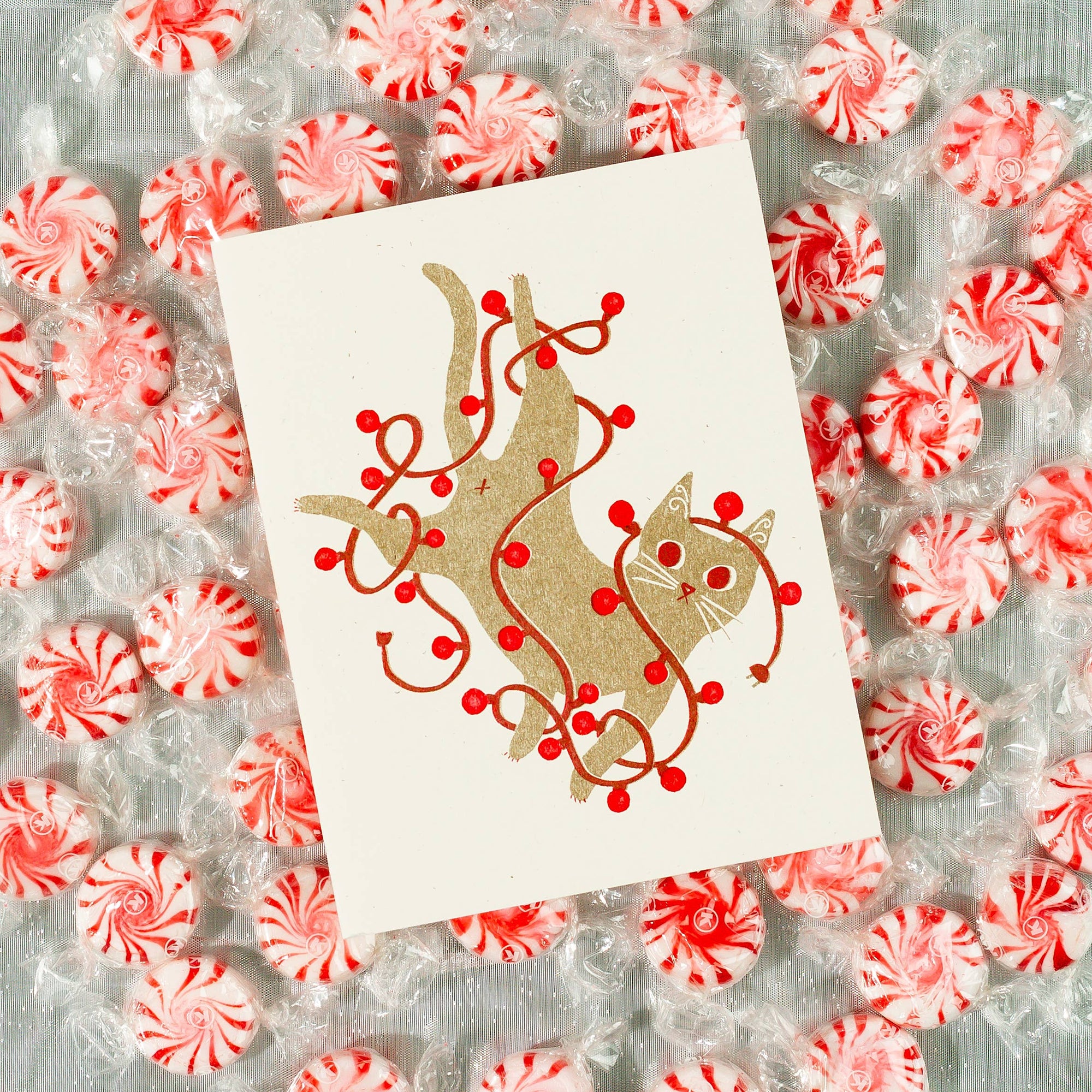 Card with cat design on a bed of red and white peppermints
