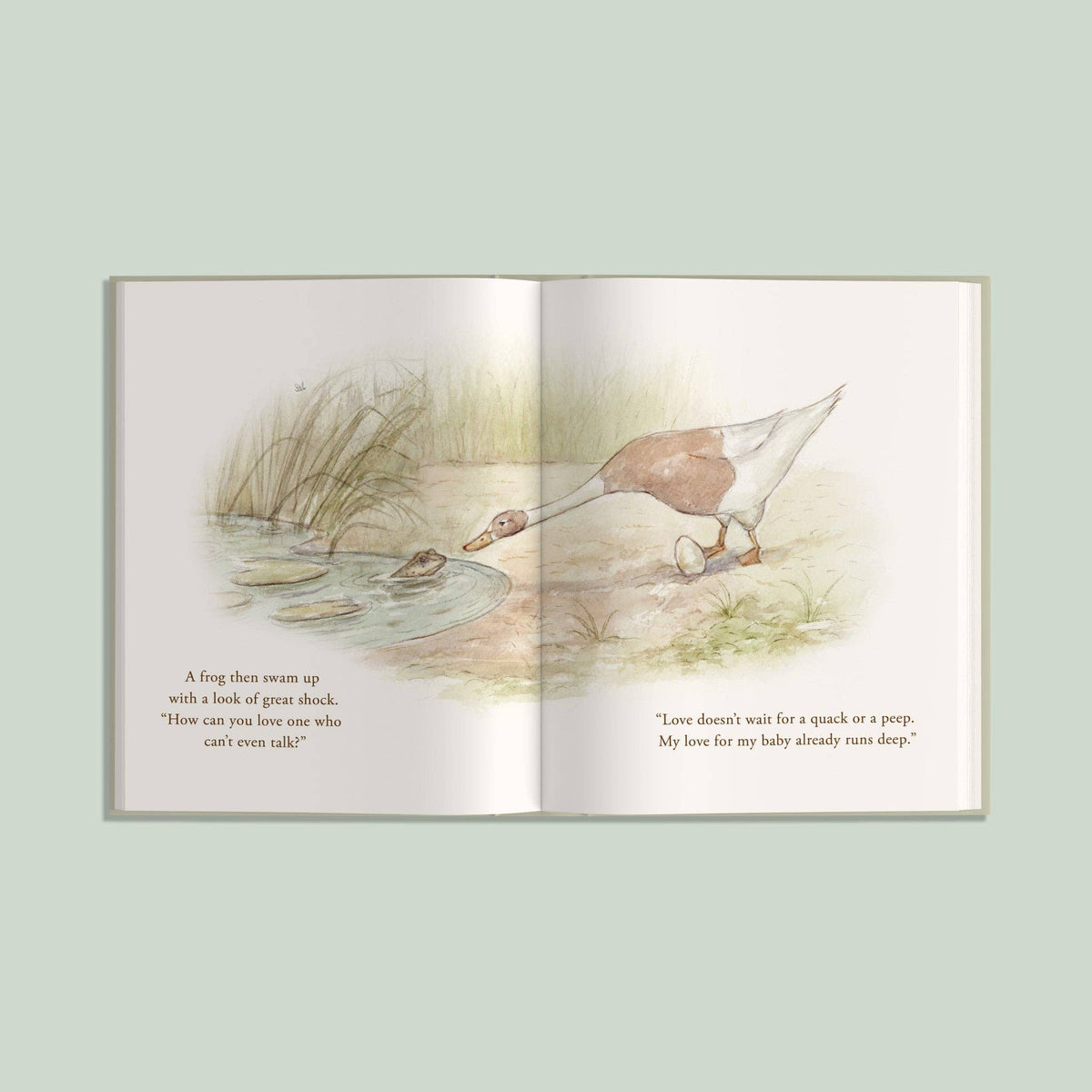 Open book with illustrations of a mother duck and her ducklings on a light green background