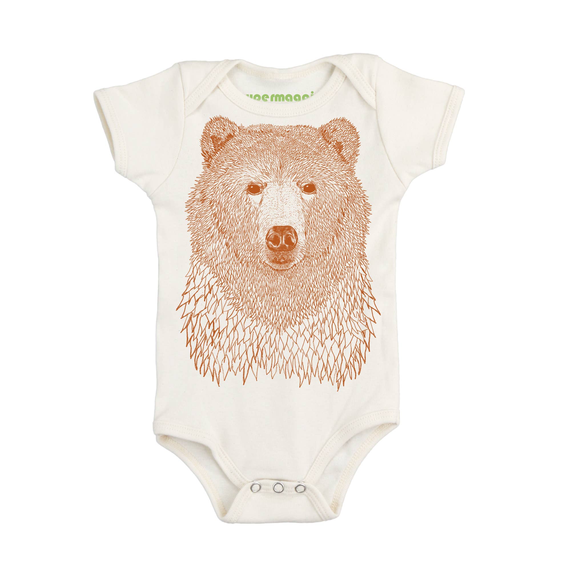 Baby onesie with bear illustration on a white background