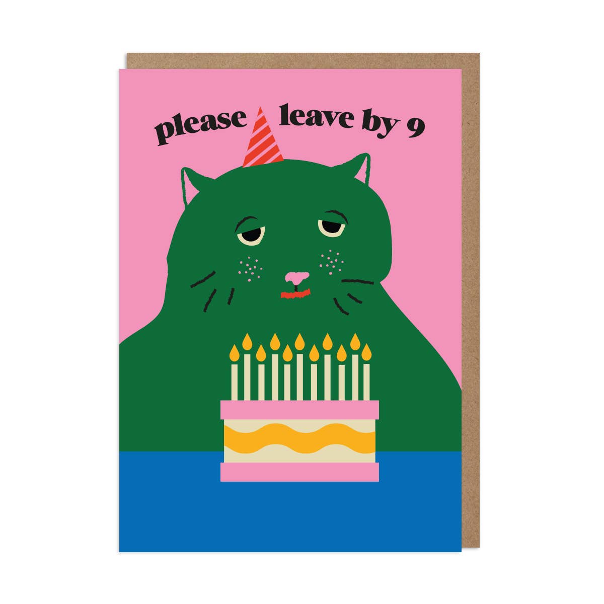 Birthday card with a green cat and birthday cake illustration on a pink background