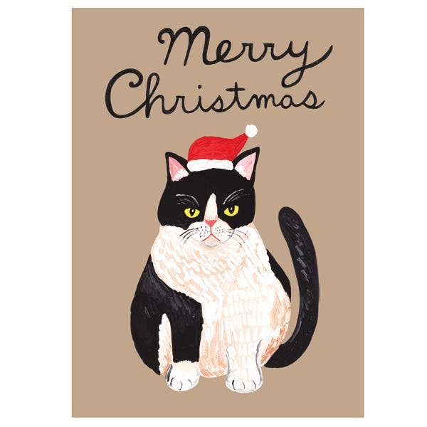 Cat wearing a Santa hat with 'Merry Christmas' text on a beige background