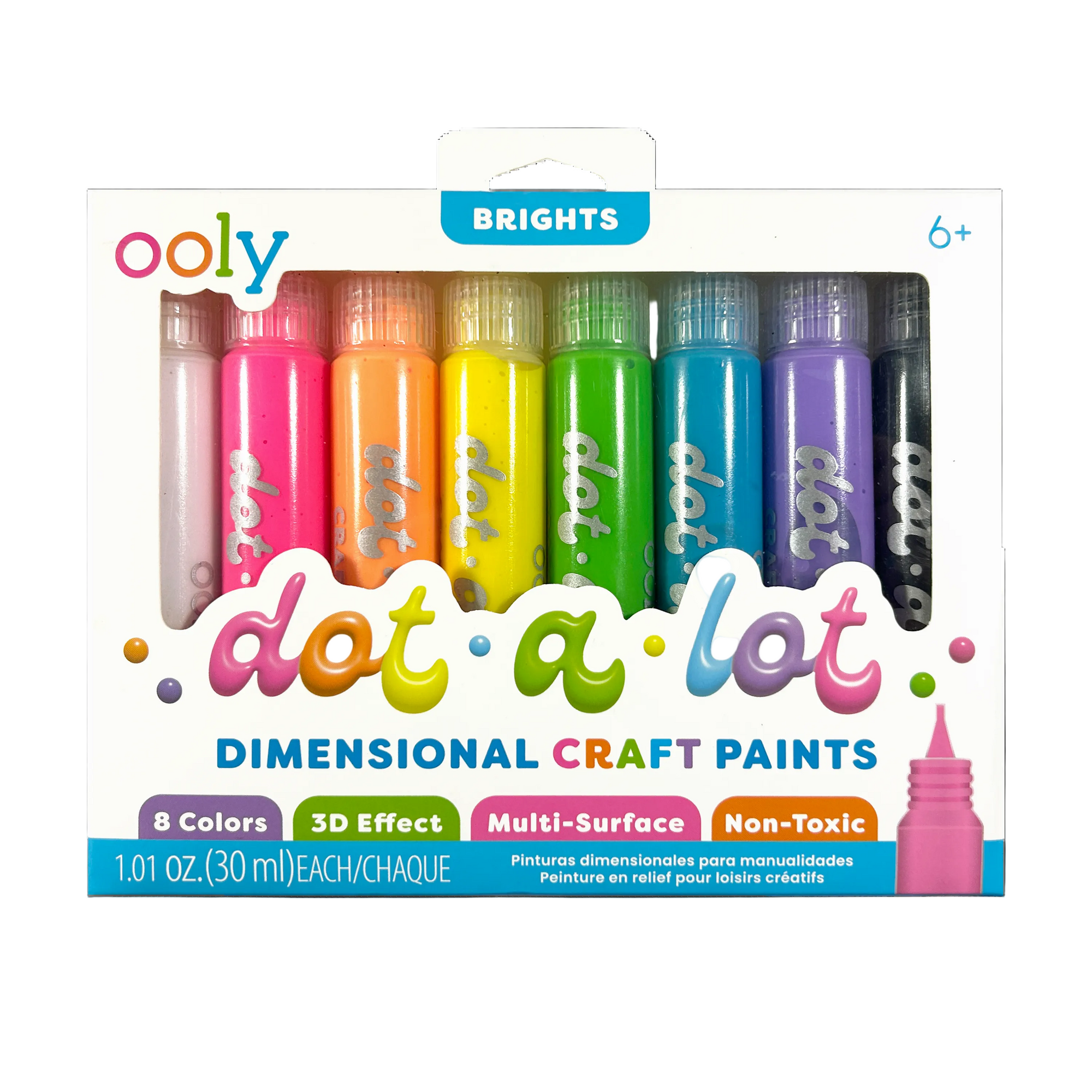 Box of Ooly dot-a-lot dimensional craft paints in bright colors on a white background