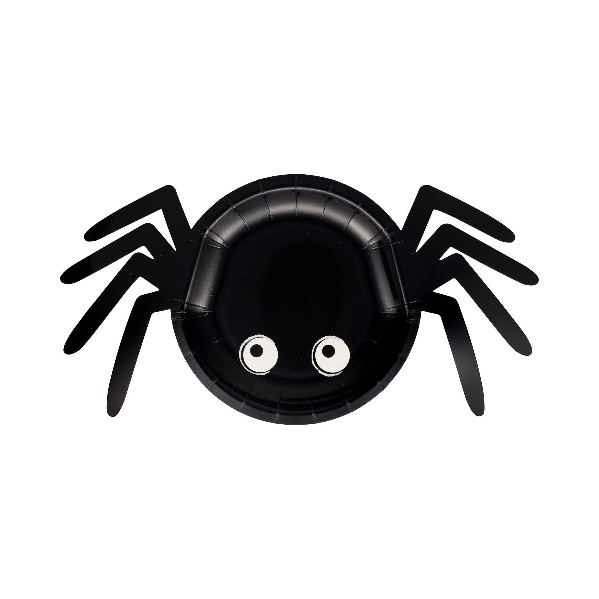 Black spider-shaped bowl with googly eyes on a white background
