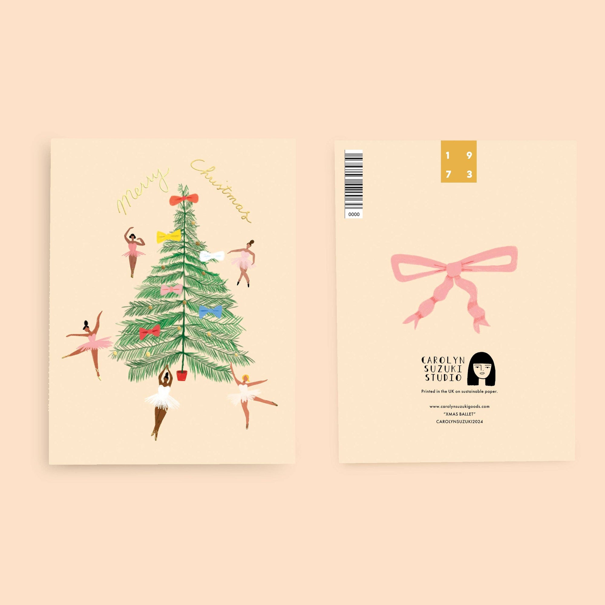 Notebook cover with Christmas tree and ballerina illustrations on a beige background