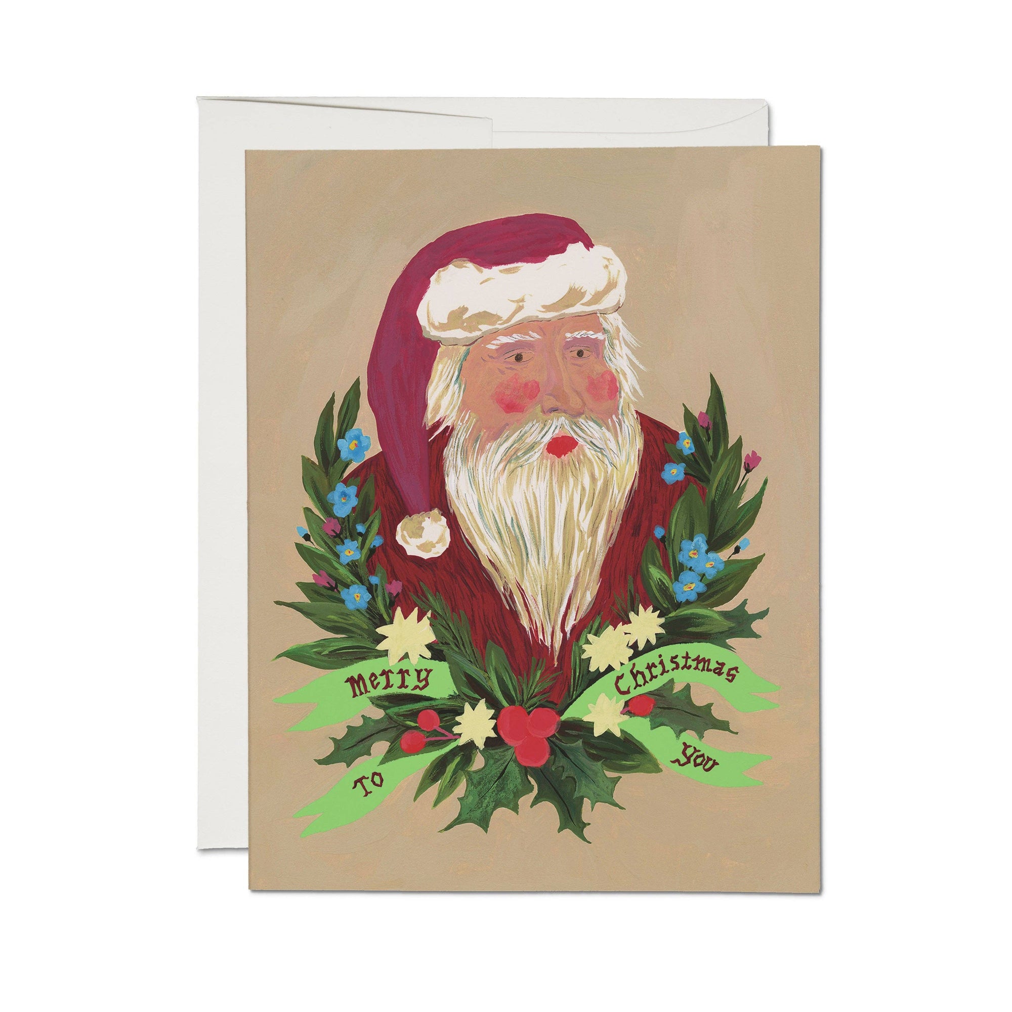 Greeting card with a illustration of Santa Claus surrounded by holly and flowers on a kraft paper background.