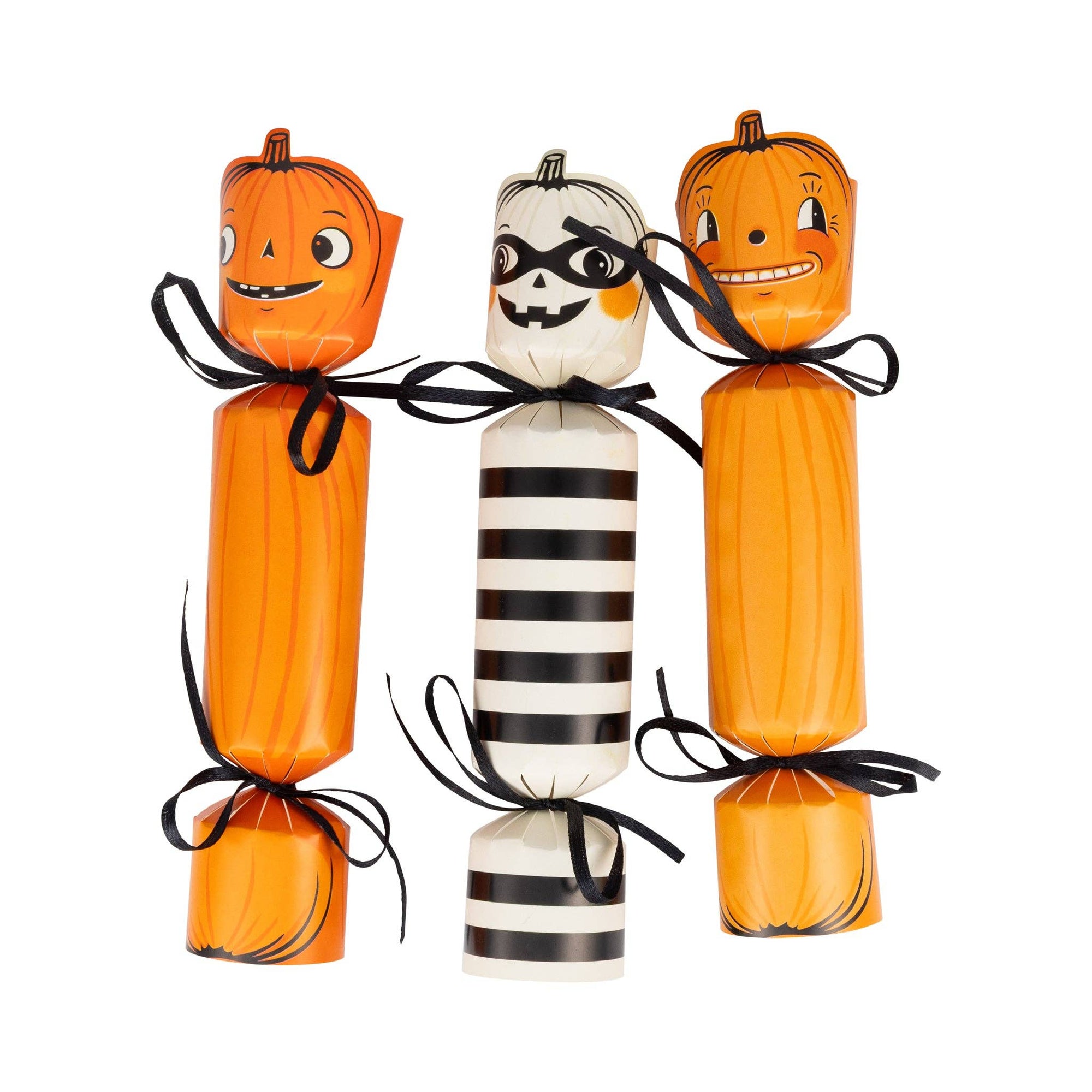 Halloween-themed candy cracker with orange pumpkins and a striped character on a white background