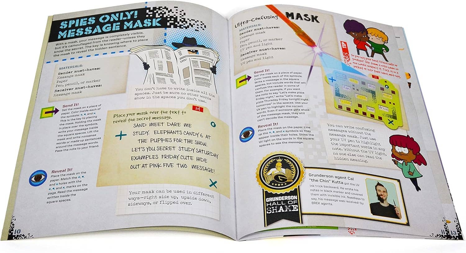 Open book with spy-themed activities and illustrations on a white background