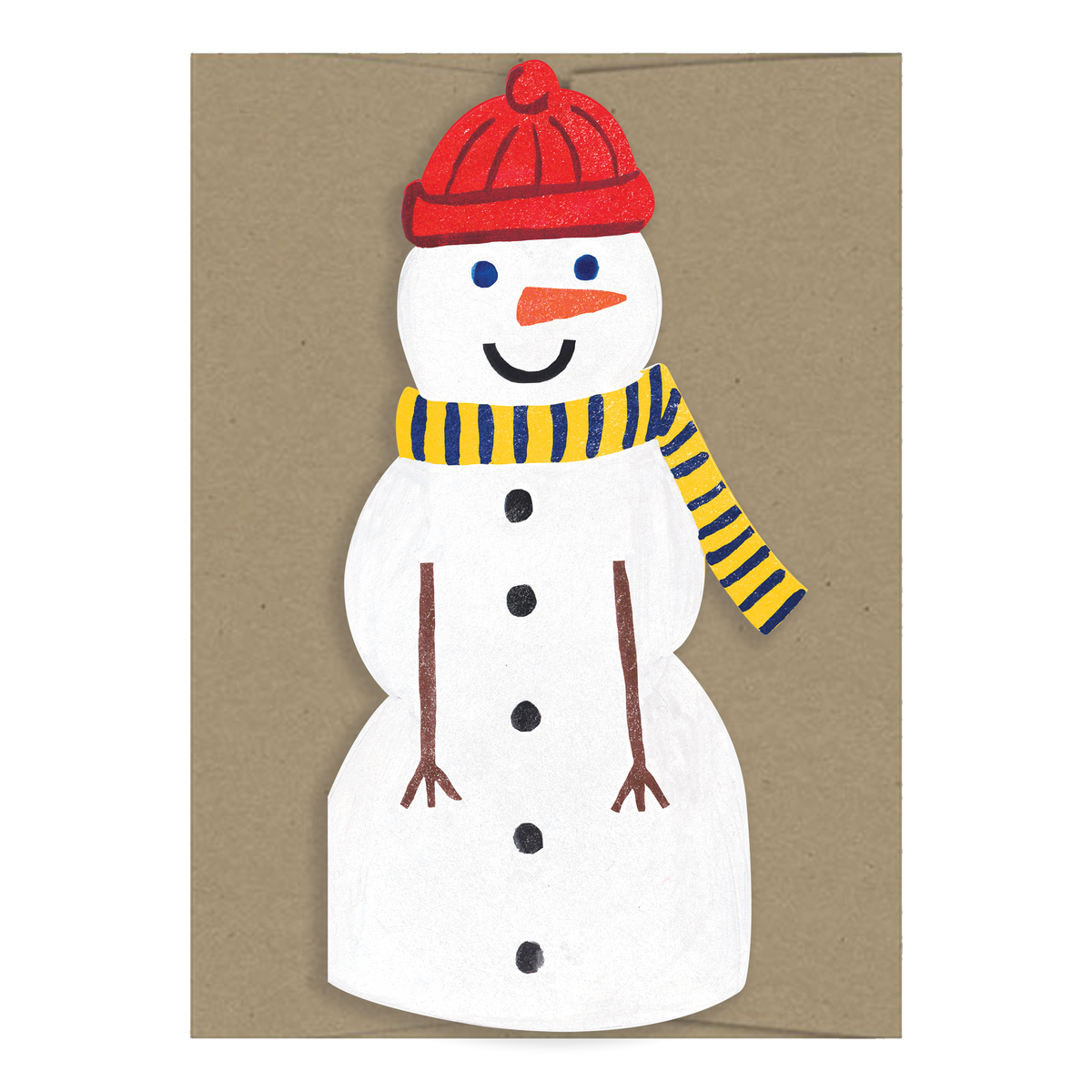 A handmade paper cutout snowman card on a brown kraft paper background, featuring a white body, a red knit hat, a yellow and blue striped scarf, and a black smiley face.