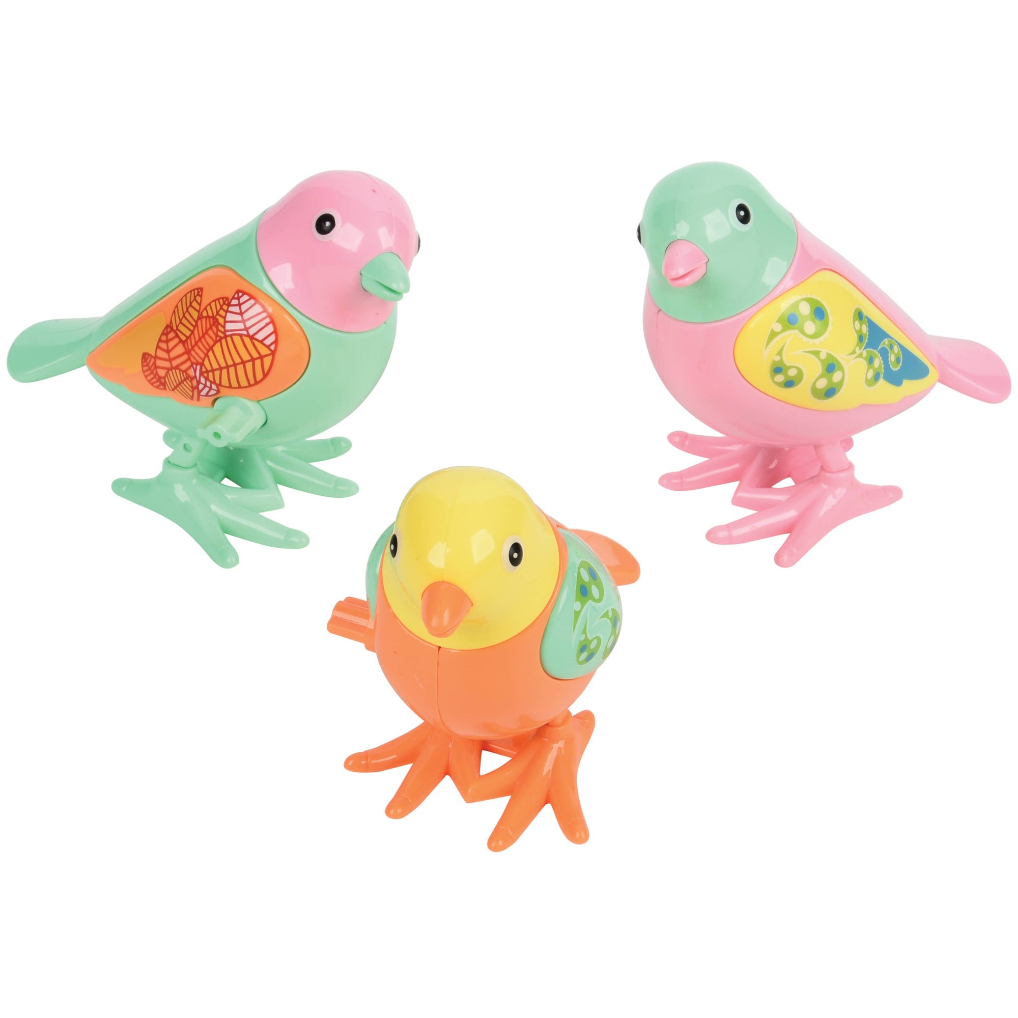 Three colorful bird-shaped clips on a white background