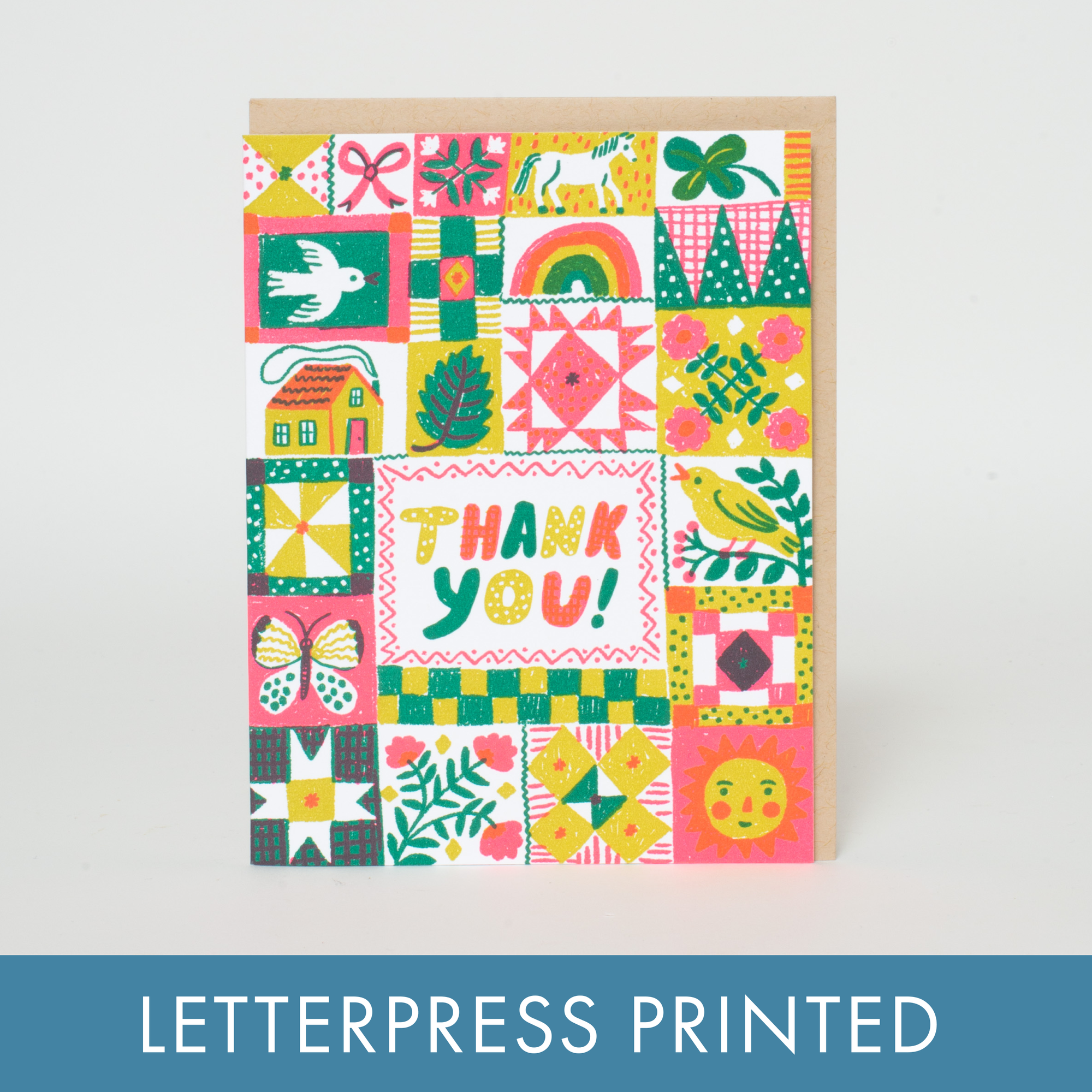 Folk Quilt Thanks Letterpress Card - Phoebe Wahl