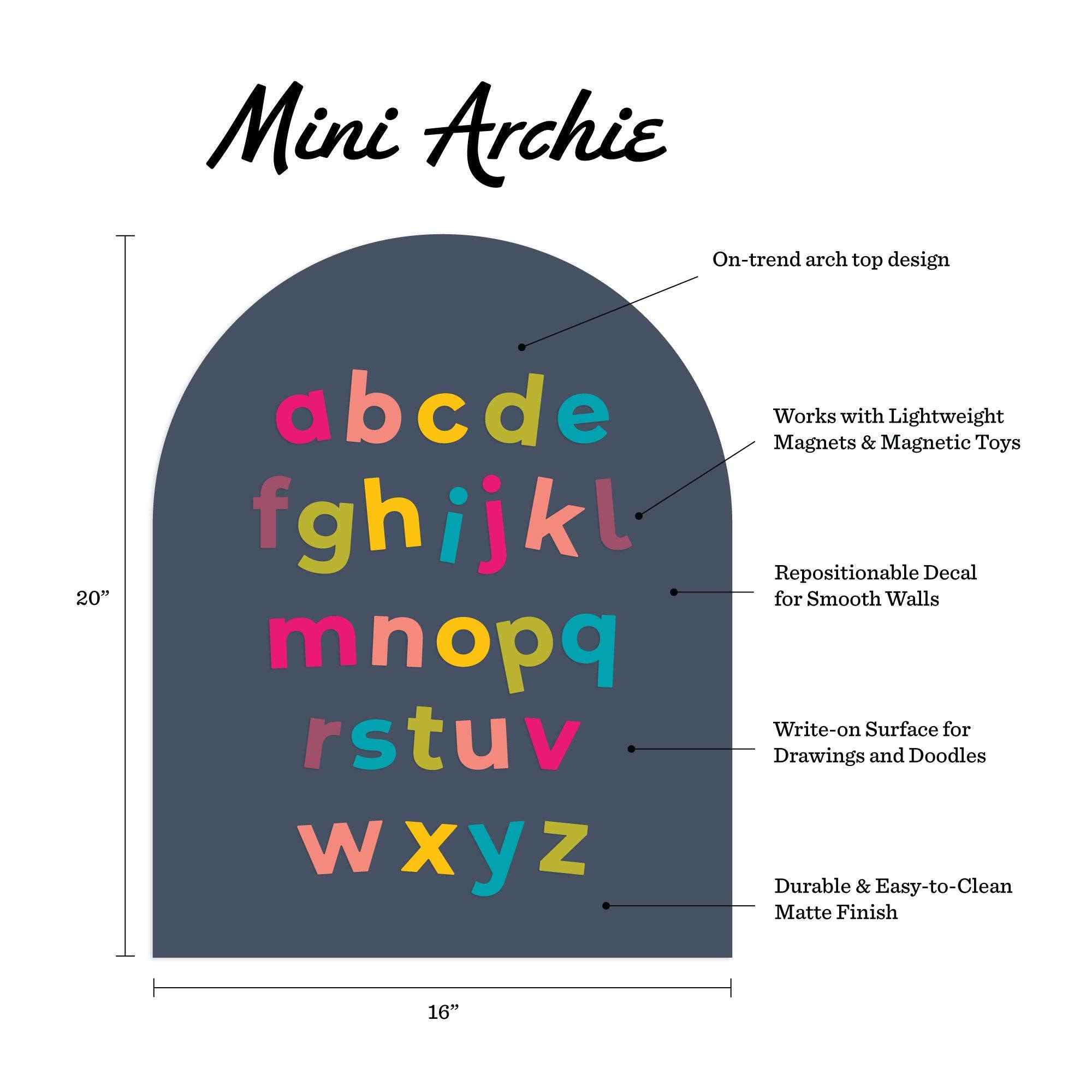 Decal with colorful letters on a gray background, featuring product details.