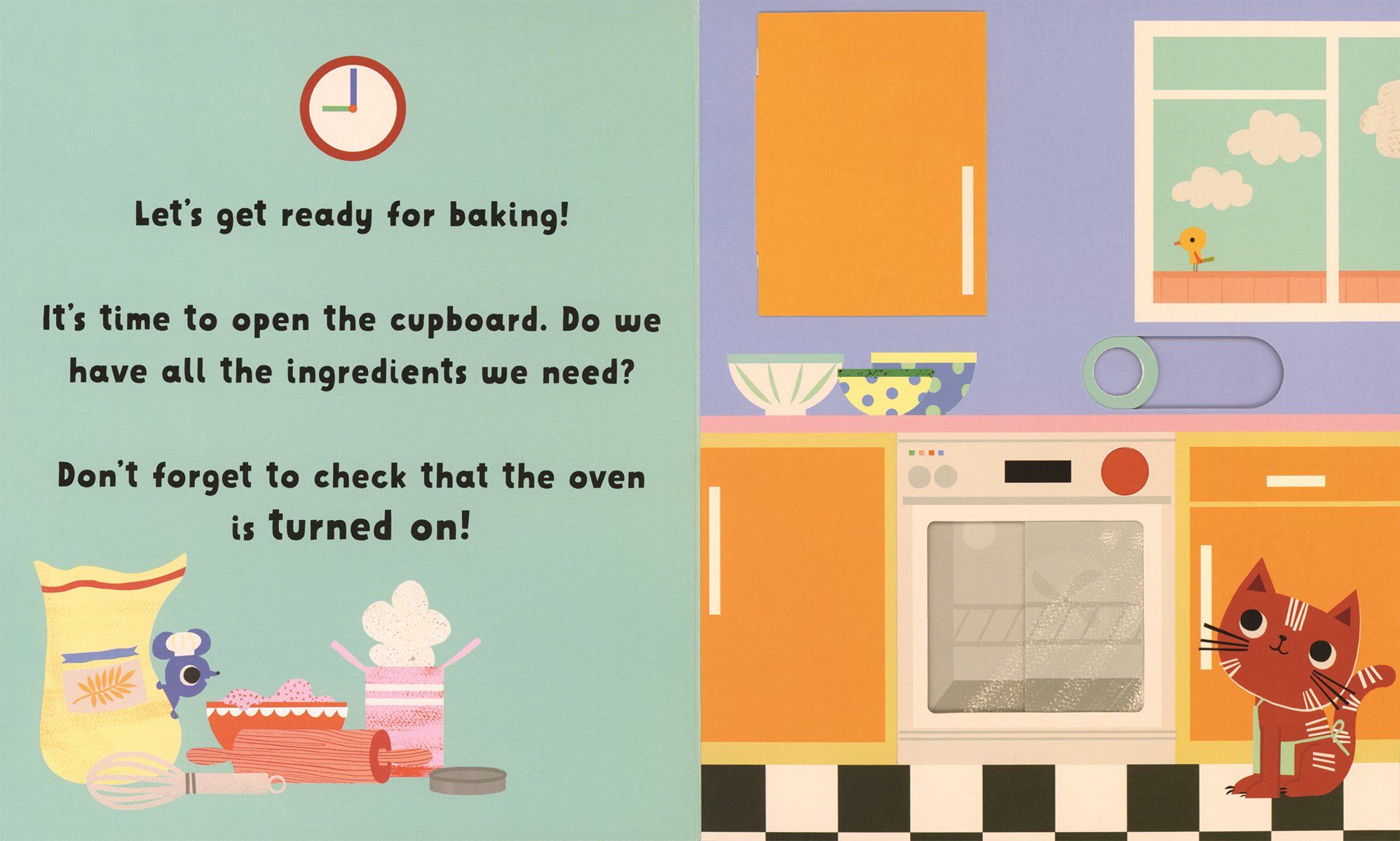 Illustrated kitchen scene with baking theme and cat character.