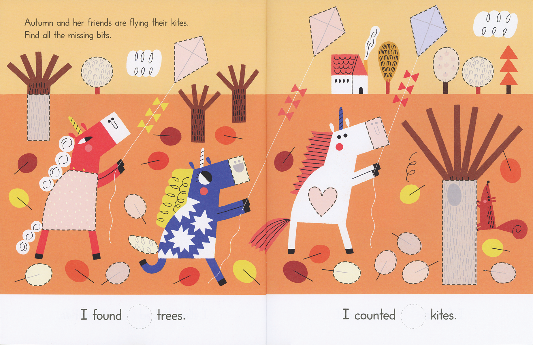 Illustrated book page with autumn-themed characters and kites on a warm-toned background.