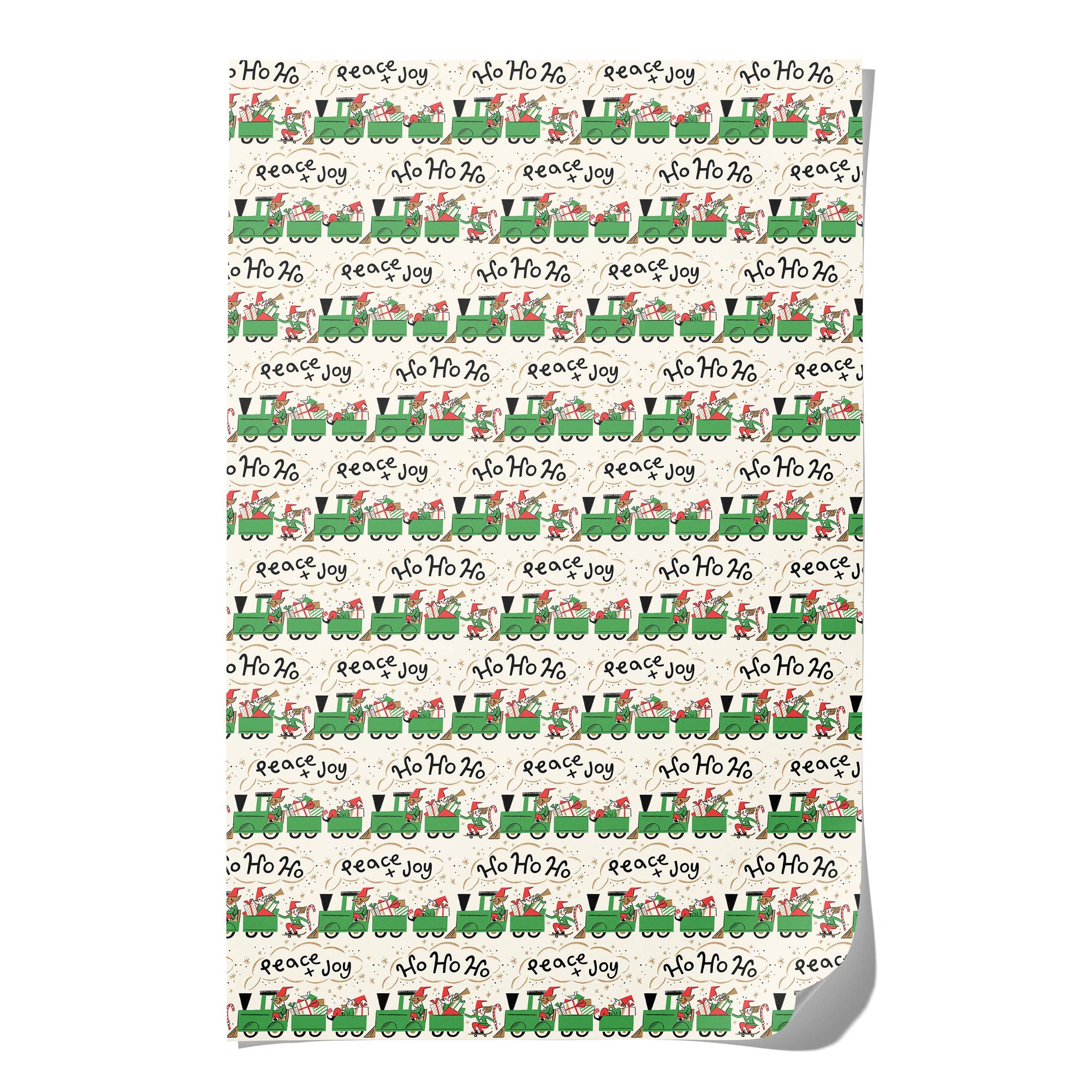 Patterned paper with Christmas train design and text on a white background