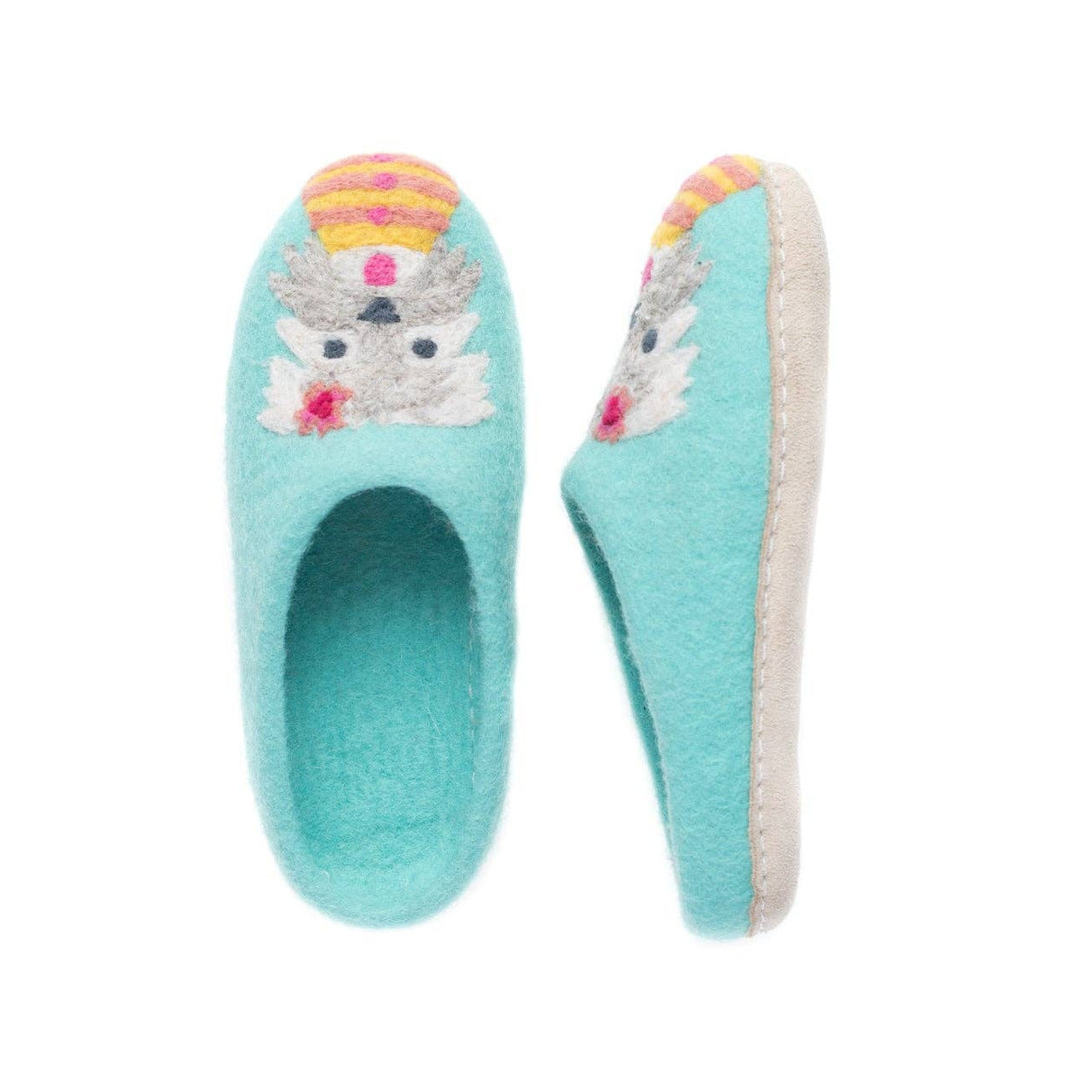 A pair of turquoise blue felt slip-on slippers featuring embroidered West Highlanders on the toe area, shown from both top and side views against a plain white background.
