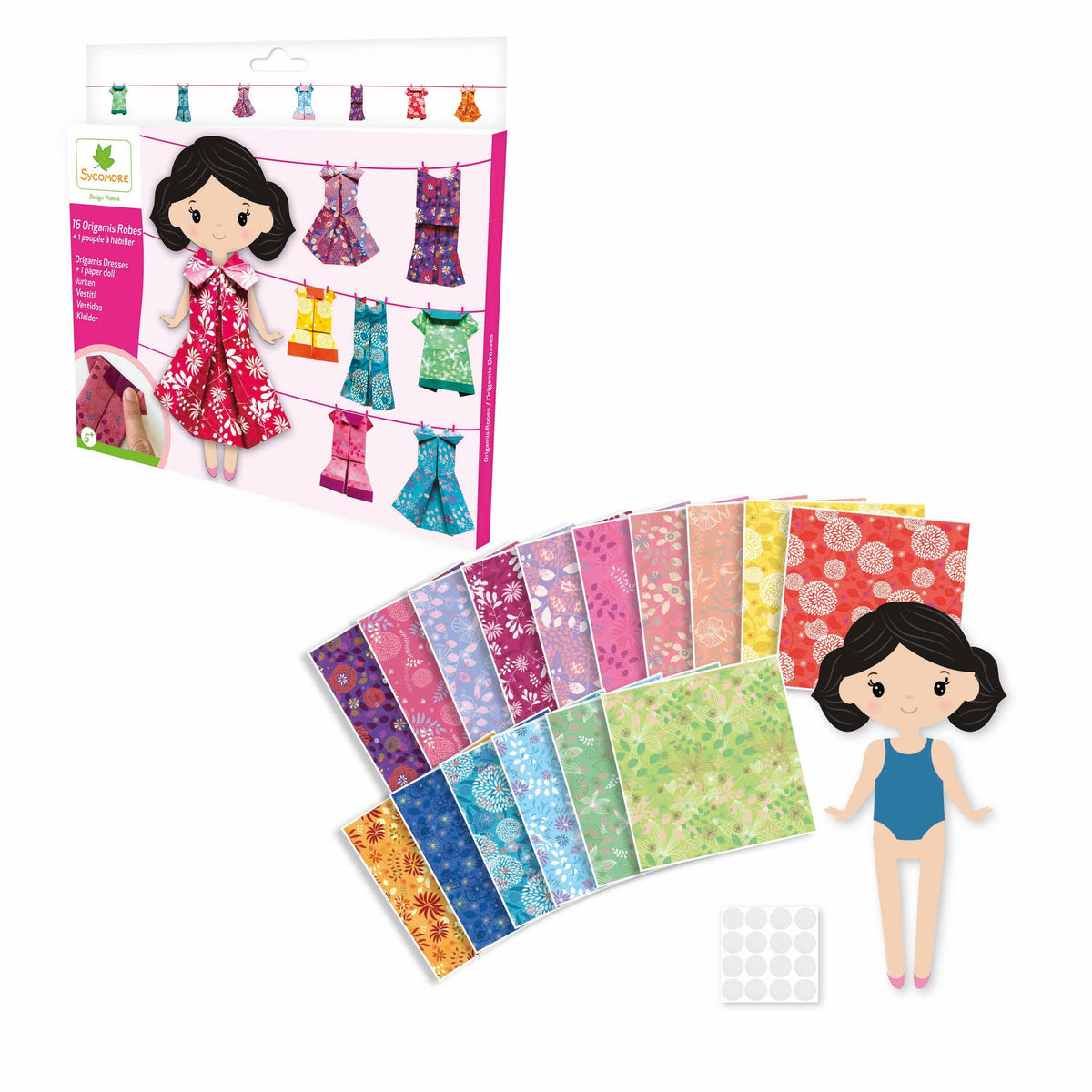 Doll and clothing set with a display card on a white background