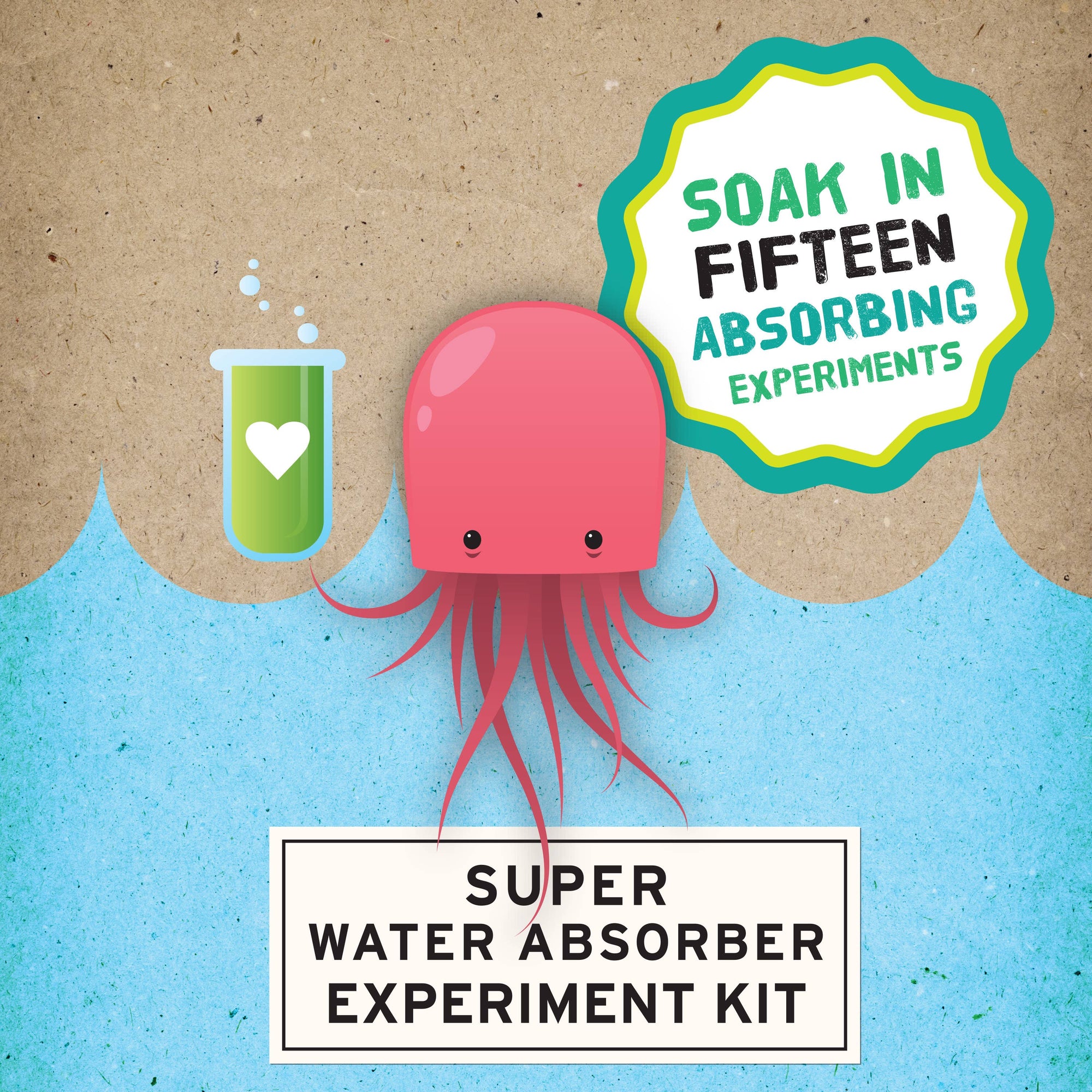 Book cover of 'Super Water Absorber Experiment Kit' with a cartoon octopus and text on a brown and blue background.