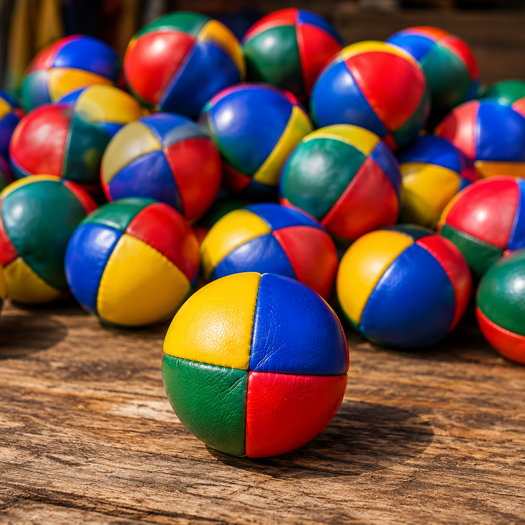 Colorful juggling balls on a wooden surface