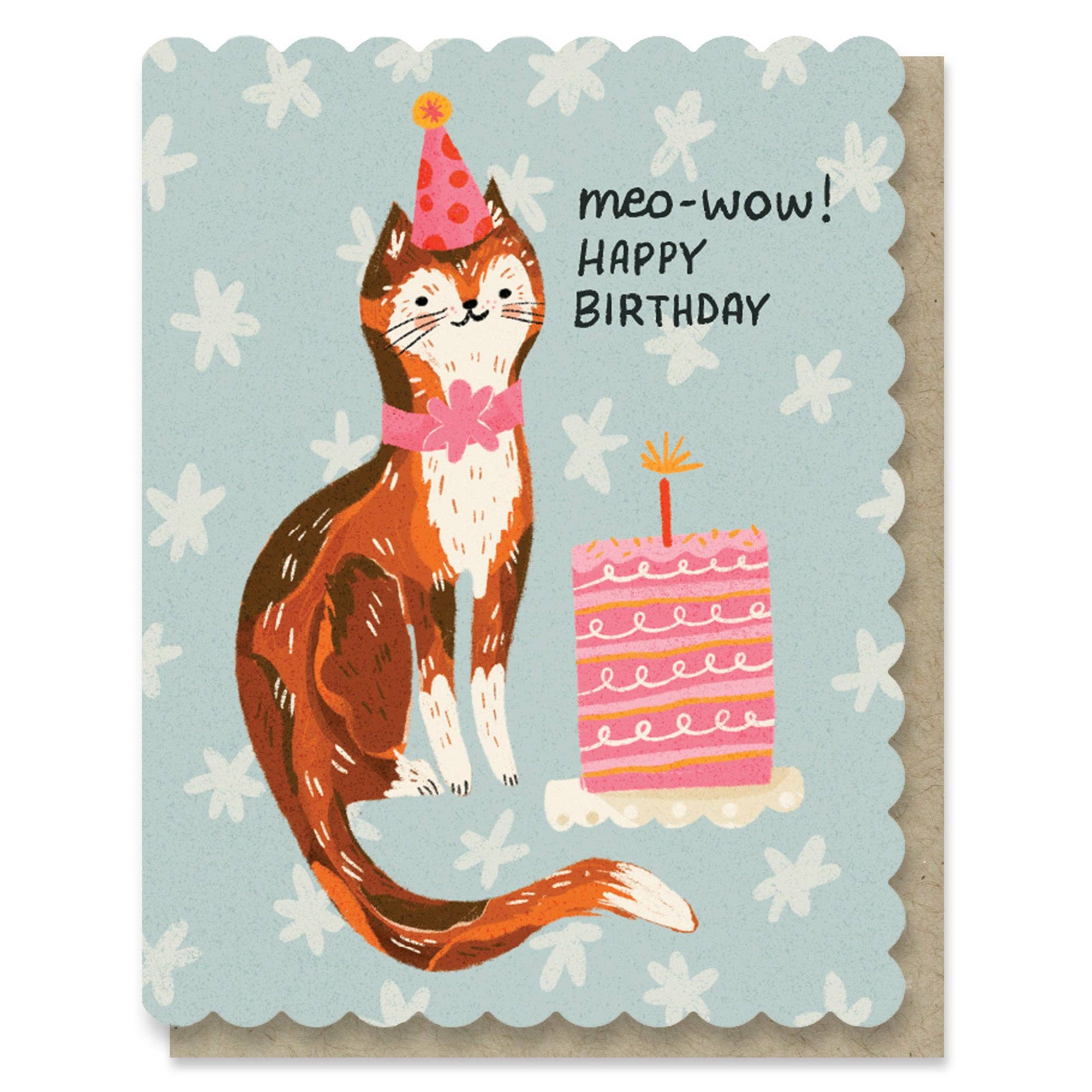 Birthday card with a cat and cake illustration on a light blue background with white flowers.