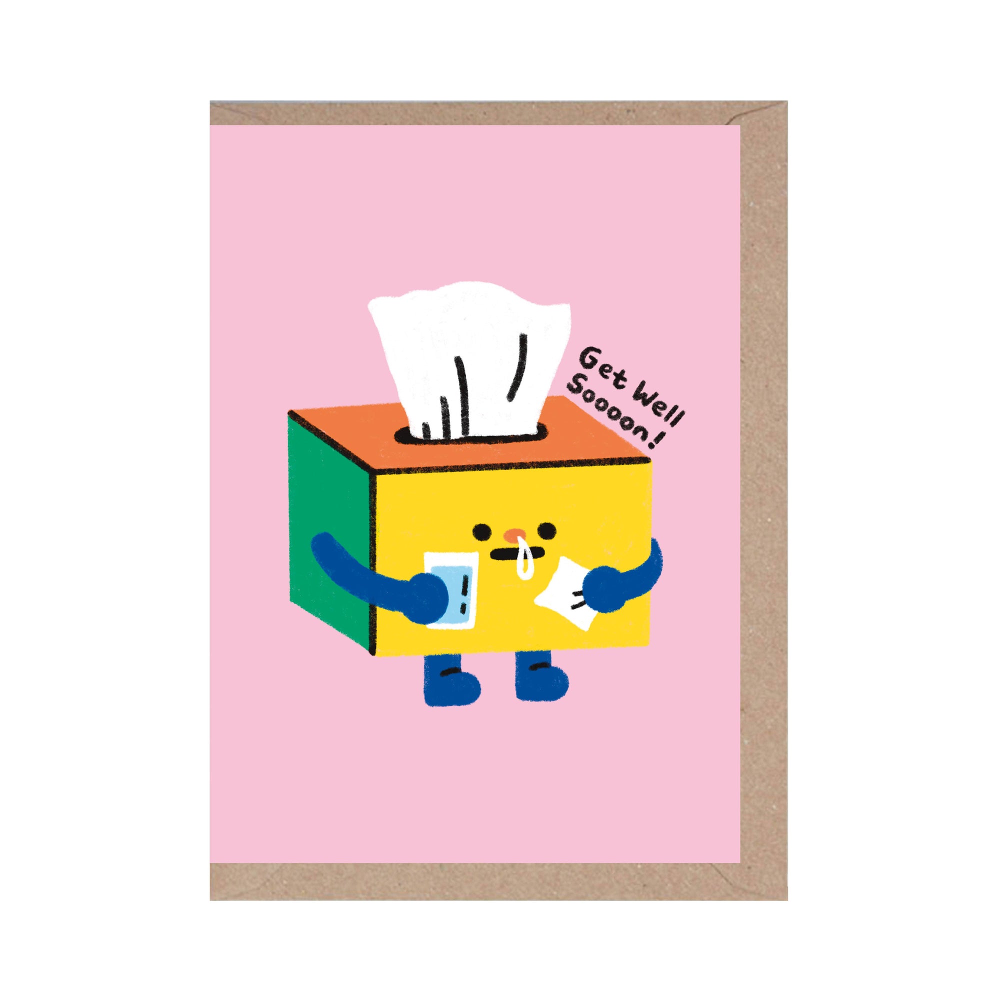 Colorful cartoon tissue box character on a pink card with 'Get Well Soon!' text.