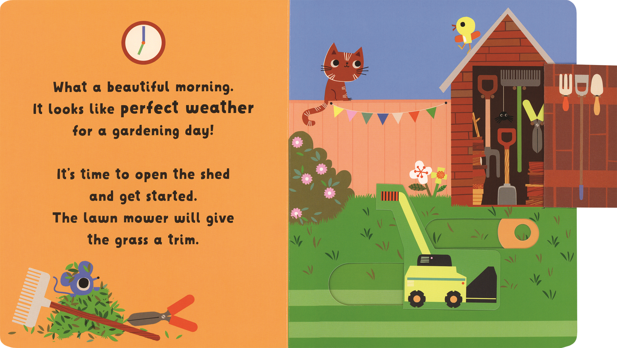 Illustrated book page with a garden scene, shed, and lawn mower on an orange background.