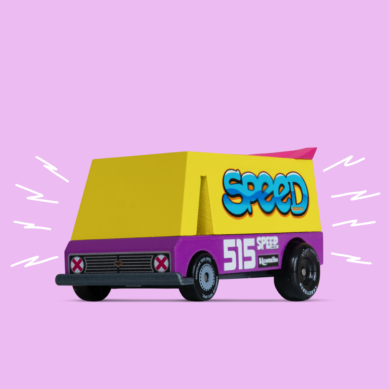Toy truck with 'Speed' branding on a pink background