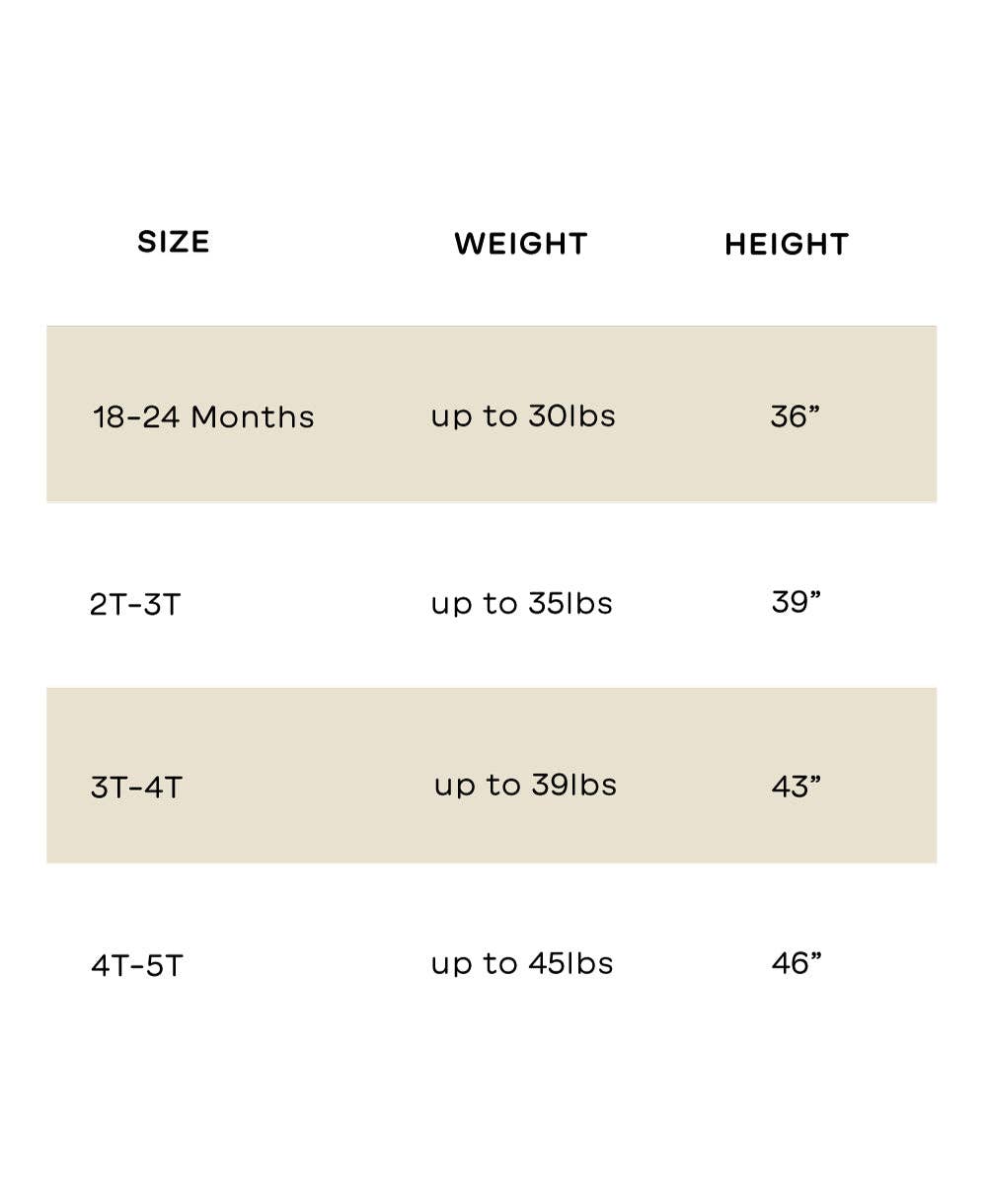 Size chart for children's clothing with height and weight ranges.