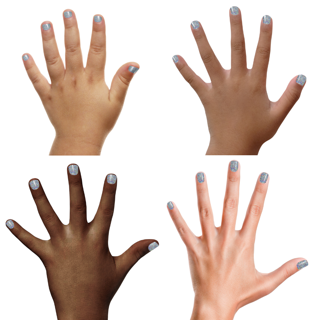 Four hands with different skin tones and nail colors on a white background