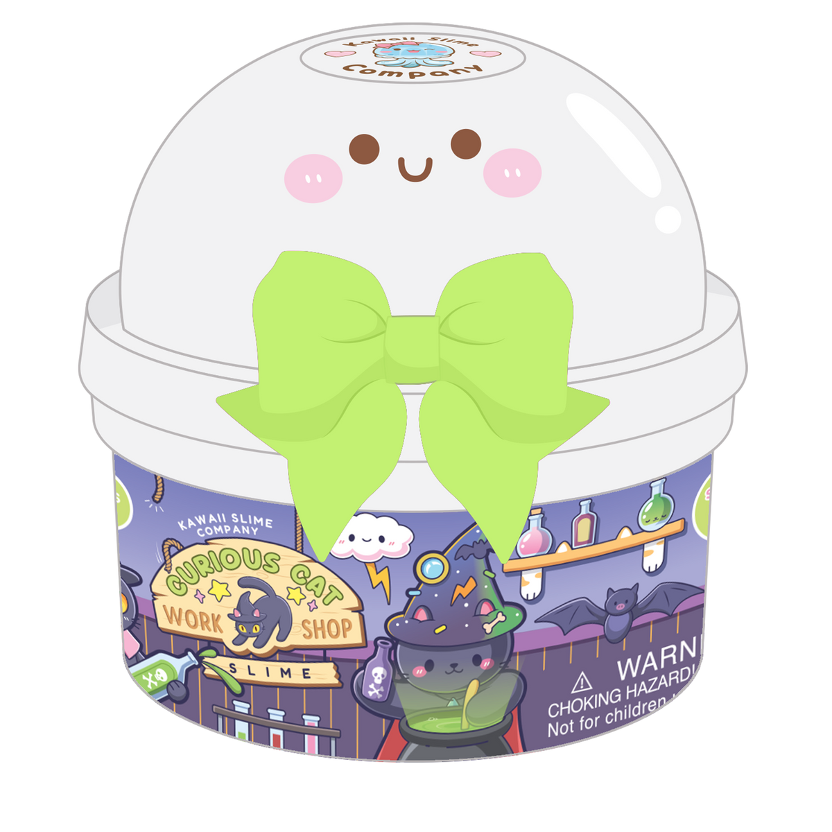Slime container with a green bow and colorful label on a white background