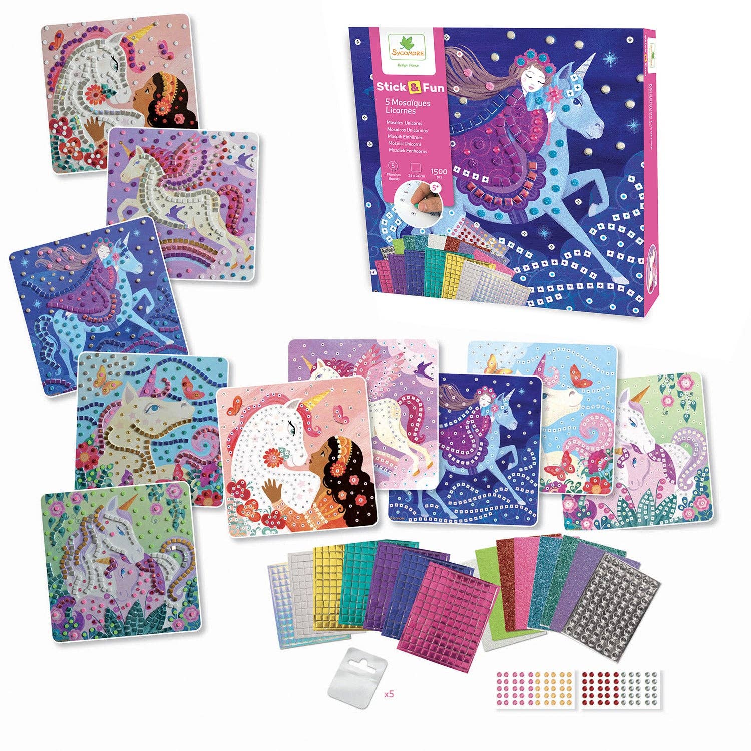 Unicorn-themed craft kit with stickers and activity sheets on a white background