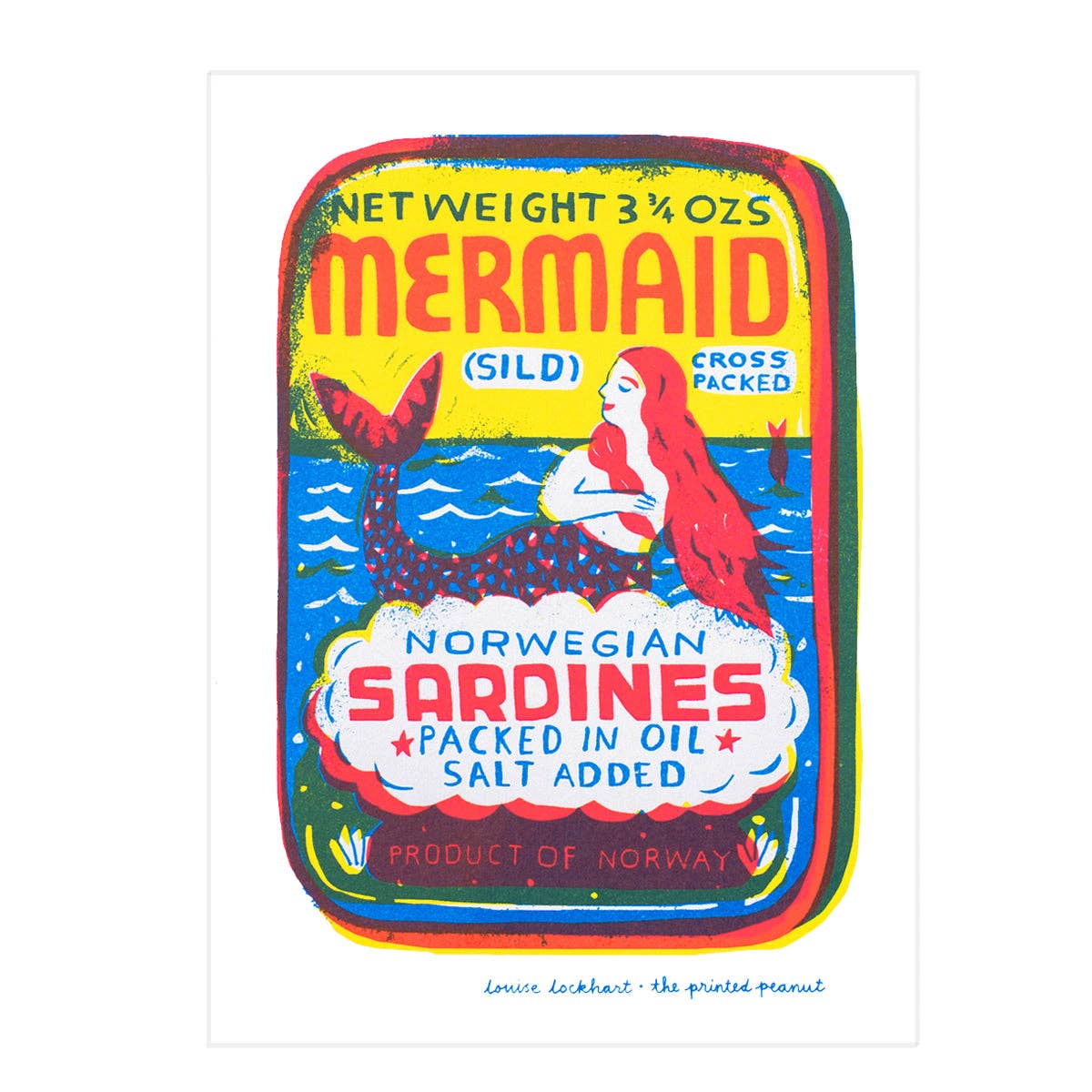 Mermaid-themed sardine can packaging  print with colorful design and text.