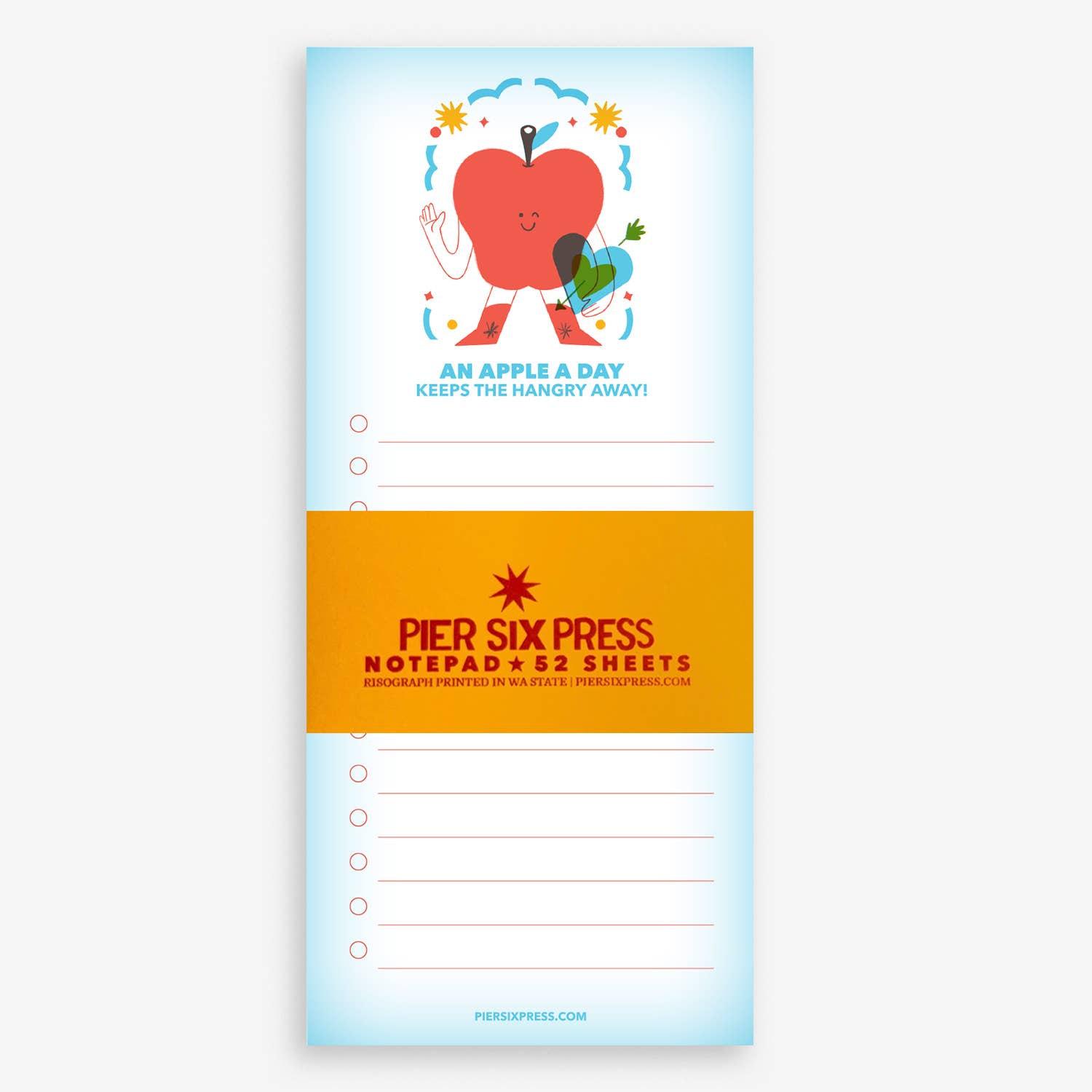 Notepad with a cartoon apple character and text on a blue and orange background