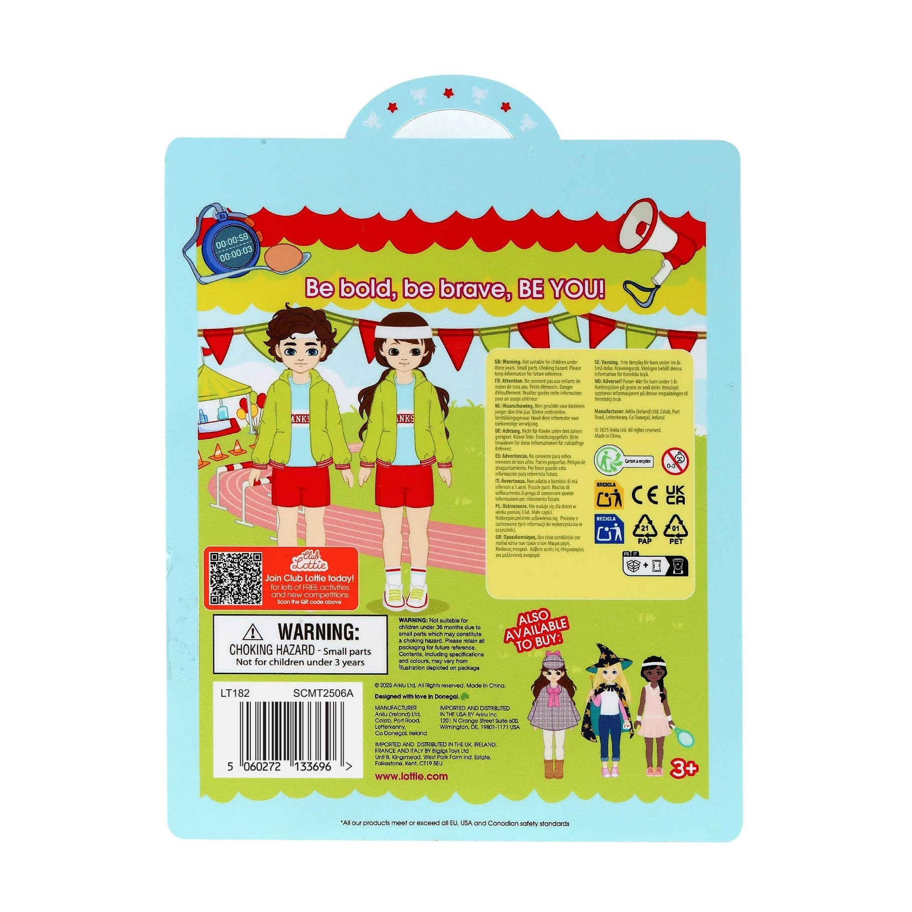 Toy packaging with two dolls in green jackets and red shorts on a blue background