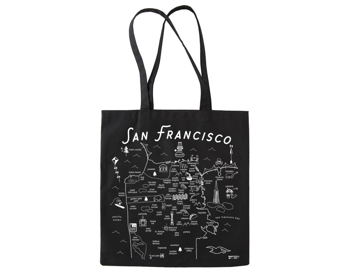 Black tote bag with white map of San Francisco and text on a white background
