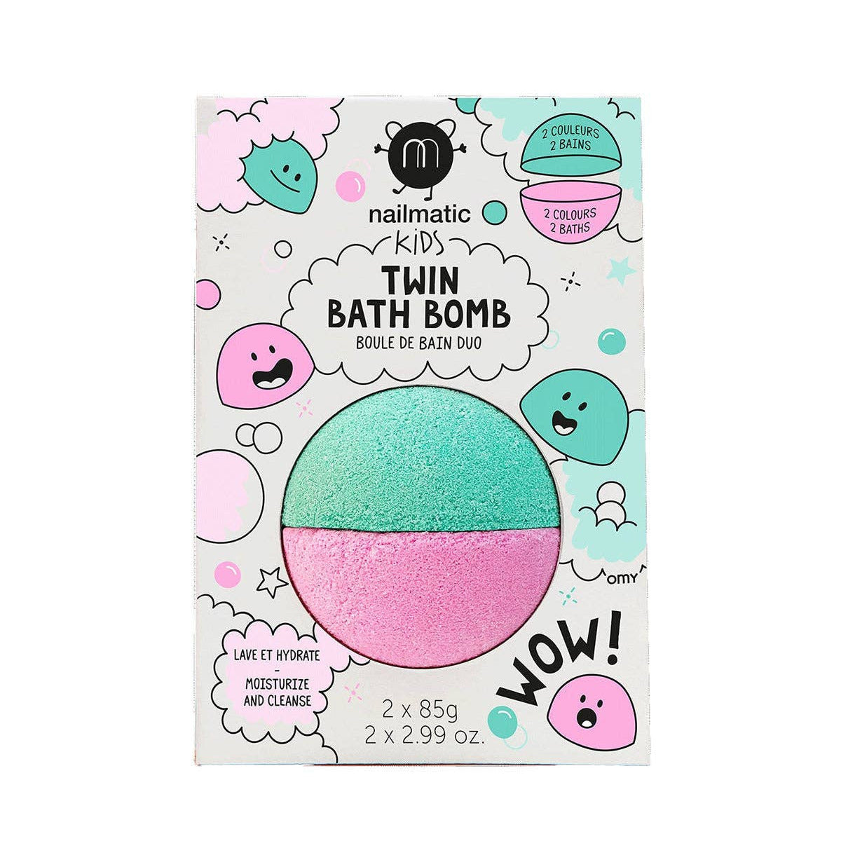 Packaging of nailmatic Kids Twin Bath Bomb with pink and green design on a white background