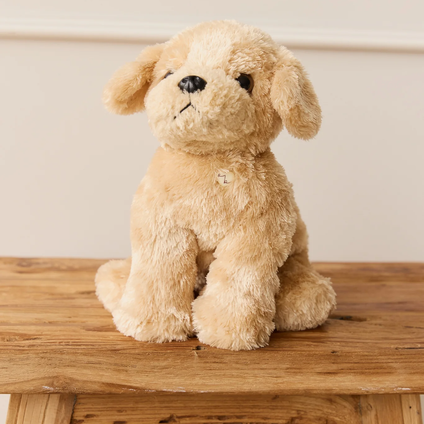 Stuffed dog toy on a wooden bench against a plain background
