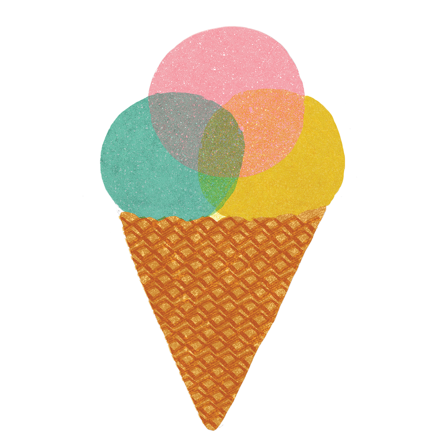 Colorful ice cream cone with pink, green, and yellow scoops on a white background