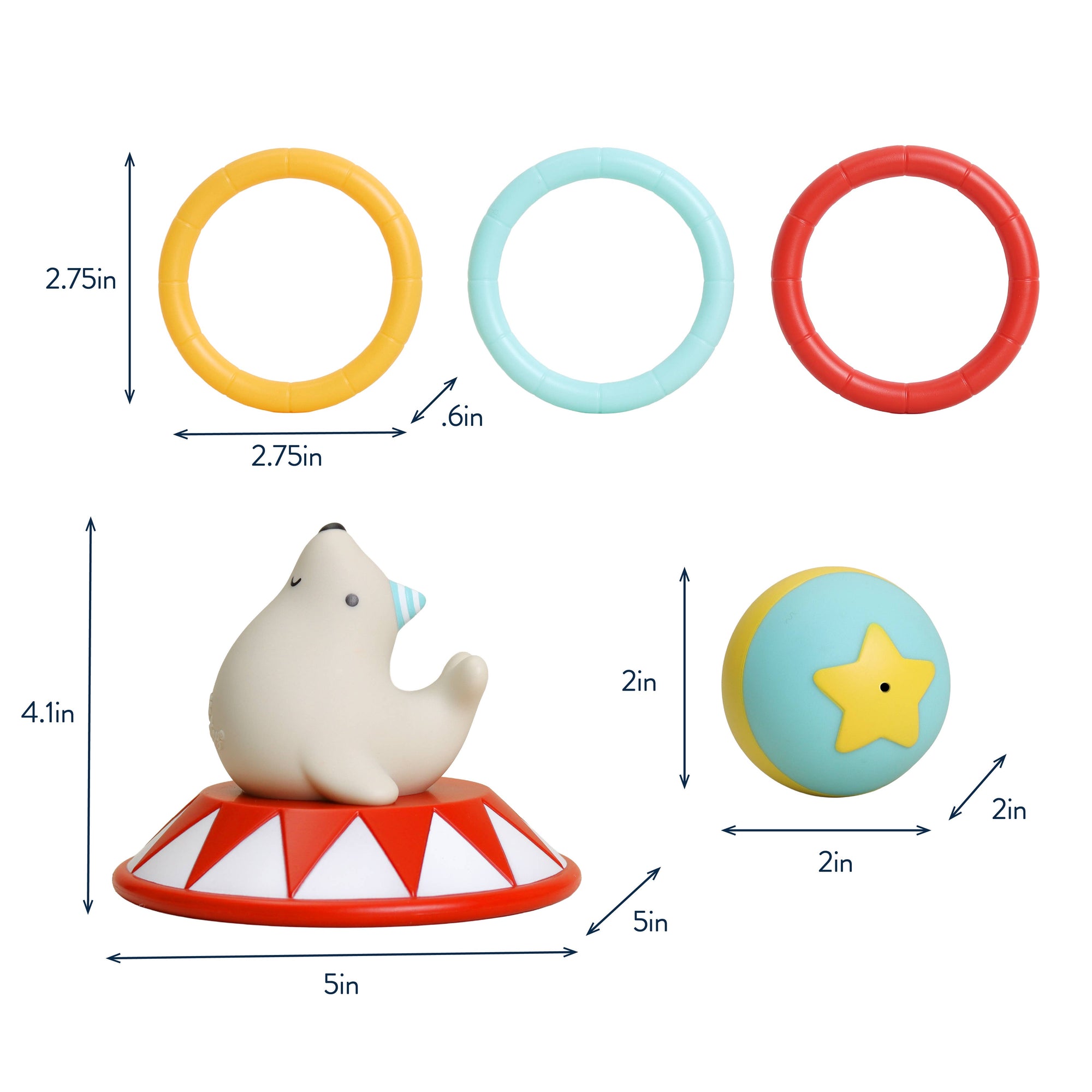 A baby sensory toy set with a polar bear figure on a red-and-white circus-style base, shown with dimension callouts and three hanging rings in yellow, light blue, and red on a white background.