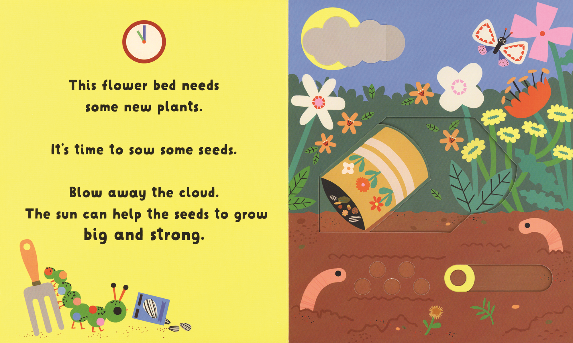 Illustrated children's book page with a flower bed and gardening elements.