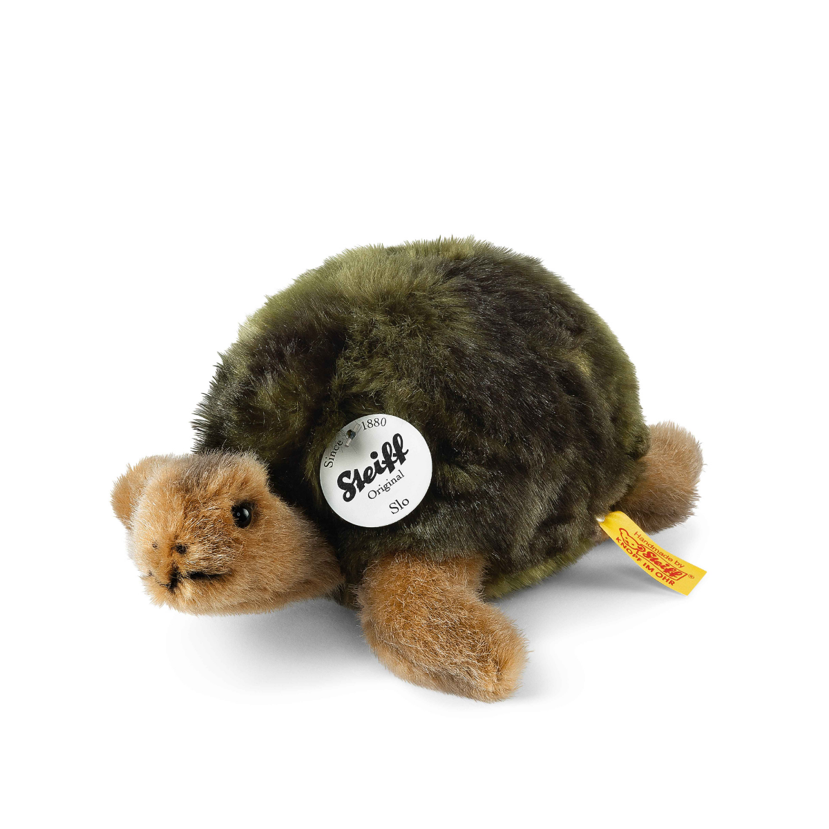 Plush turtle toy with Steiff label on a white background