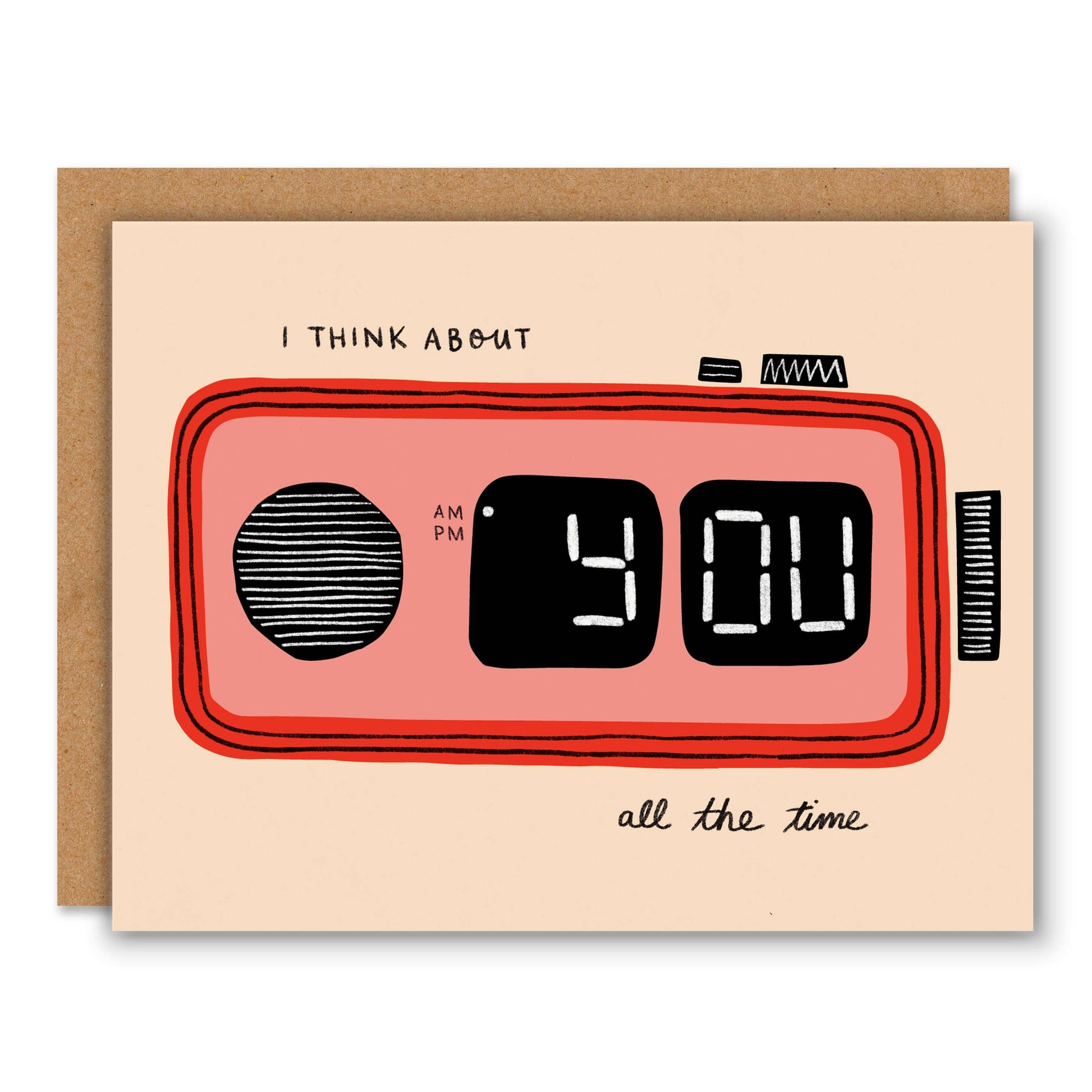 Greeting card with a digital clock design and text on a beige background