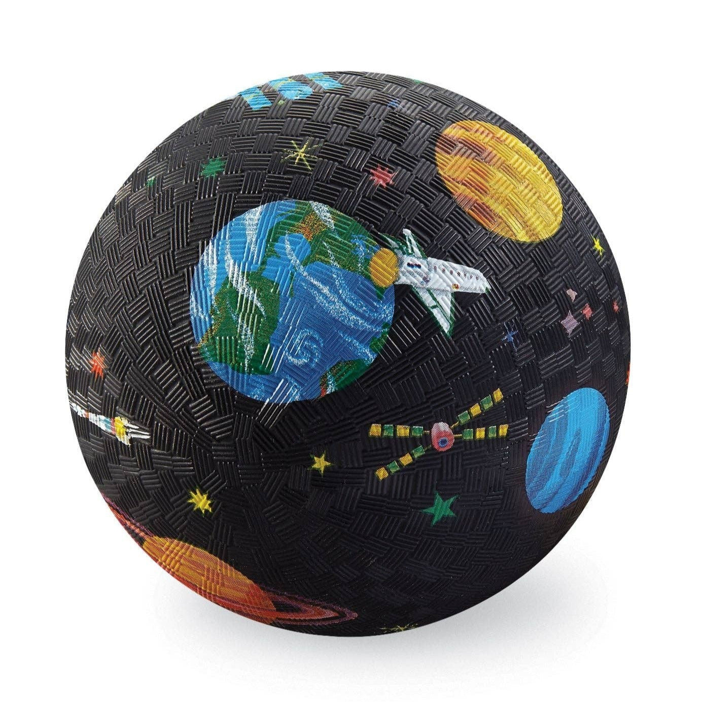 Space-themed ball with Earth, moon, and spaceship design on a black background