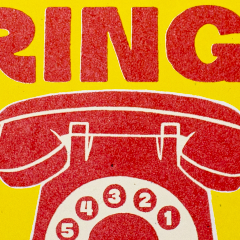 A close-up graphic design featuring a red rotary telephone on a bright yellow background, with large red letters partially visible at the top.