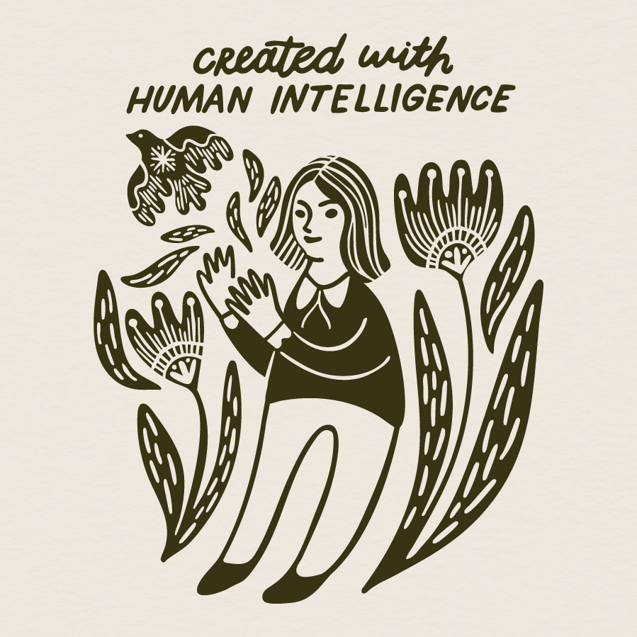 Illustration of a person surrounded by abstract shapes with text 'created with human intelligence' on a beige background