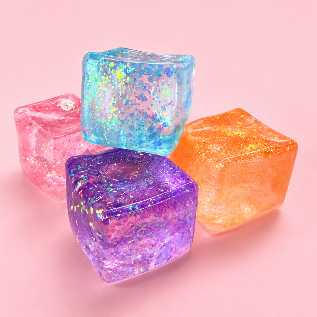 Four translucent ice cube-shaped decorative pieces in pink, blue, purple, and orange, each filled with iridescent glitter, arranged on a soft pink background.