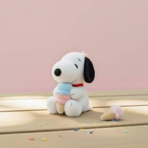 Plush toy dog sitting on a wooden surface with a pink background