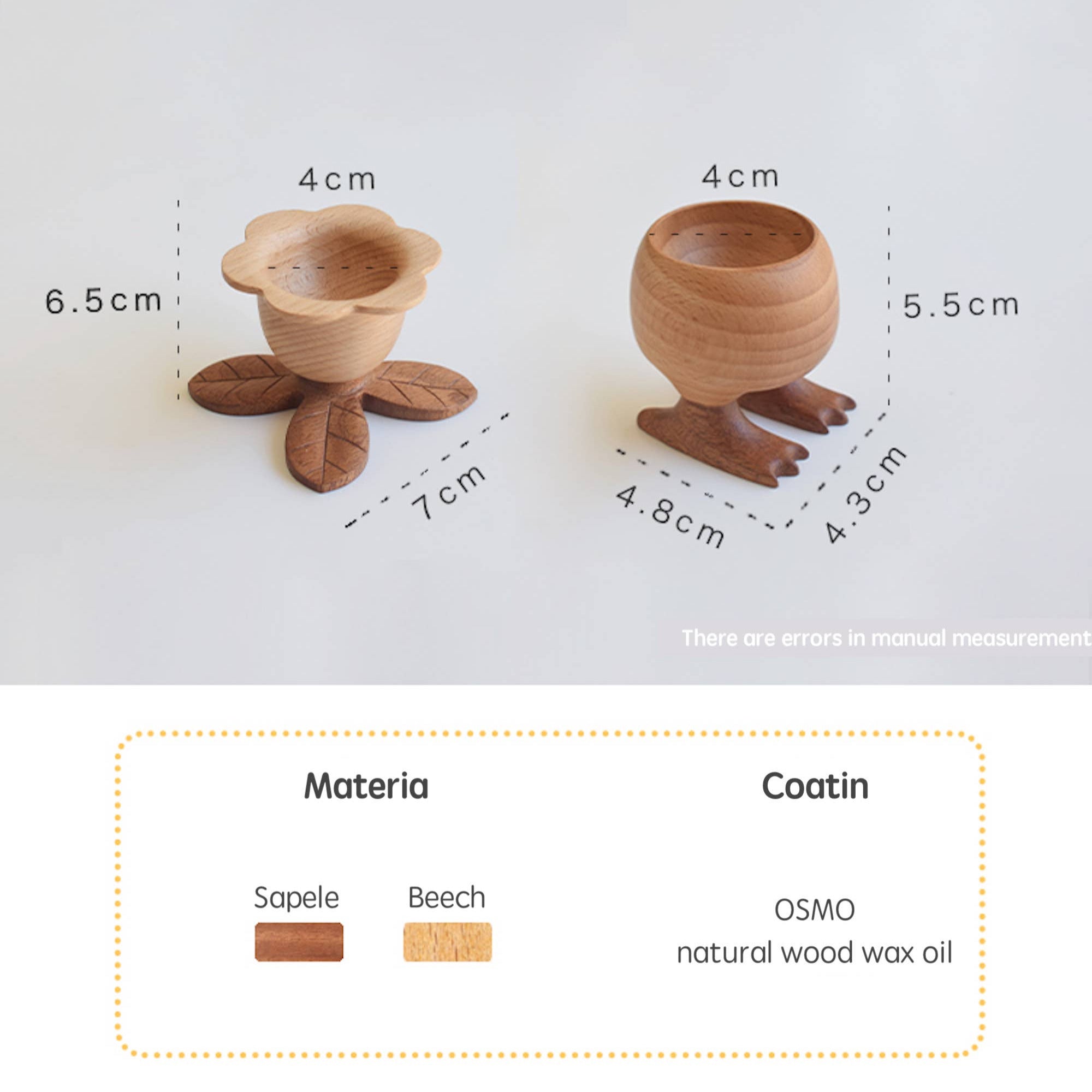 Two wooden egg cups with measurements and material details on a white background