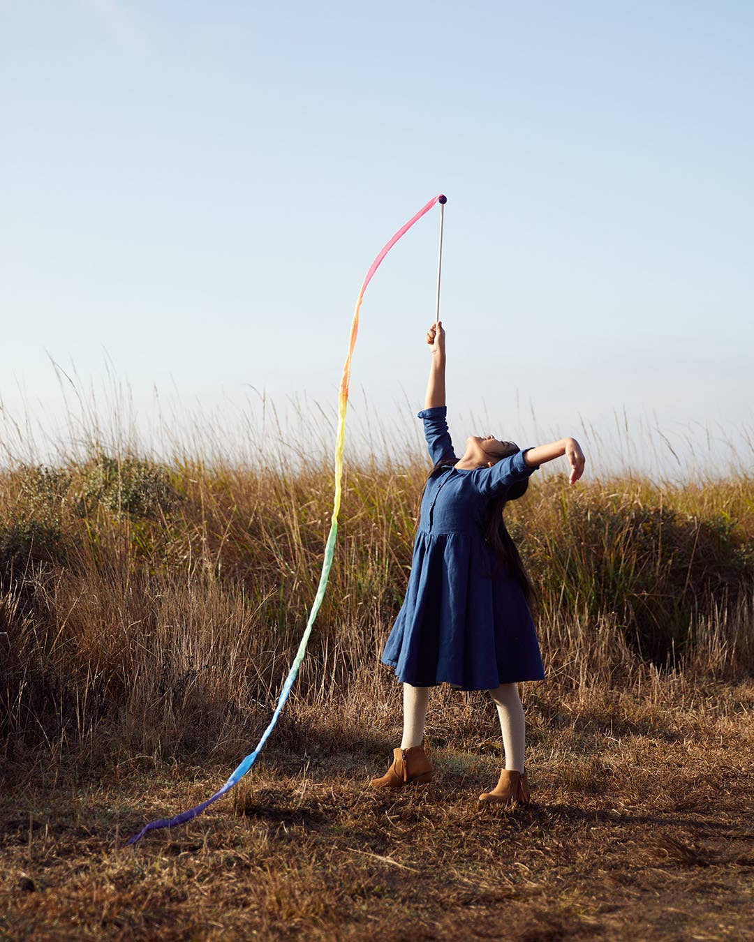 Rainbow Silk & Wood Streamer - Wand for Pretend Play